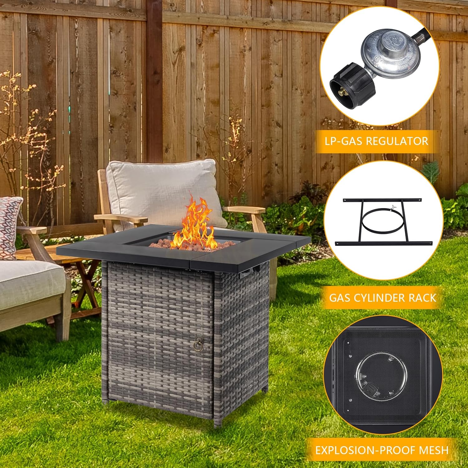 28 inch Wicker Propane Fire Pit Table, CSA-Certified, Outdoor Patio Fire Pit Table 50,000 BTU Gas Firepits with Lid and Lava Rocks for Deck Garden Backyard (28 inch)