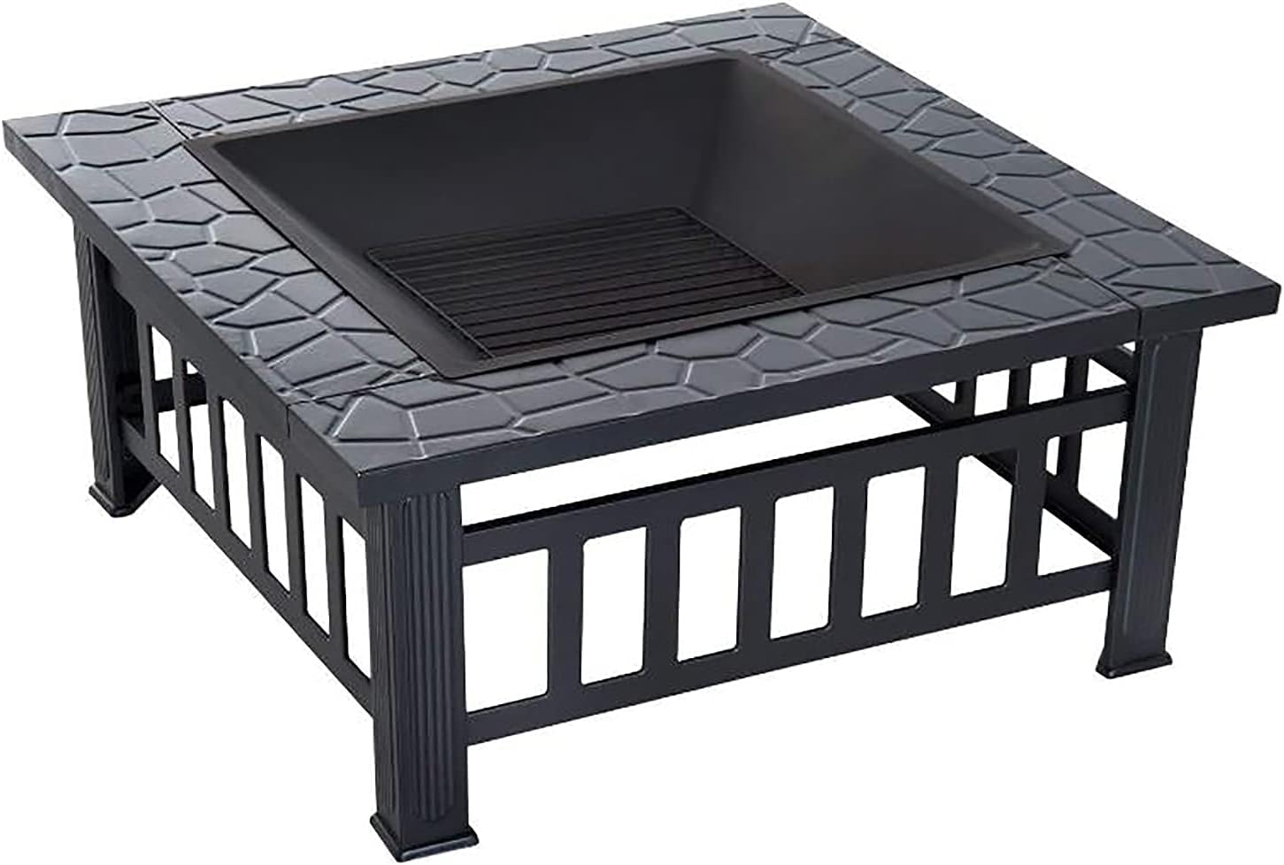 31.89 Inch Square Outdoor Fire Pit Table with Grill with Spark Screen,Waterproof Cover,Poker,for Camping Outdoor Heating Bonfire and Picnic