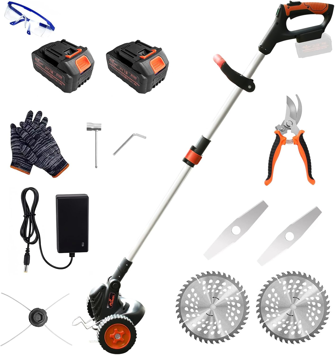 Weed Wacker Eater Cordless Battery Powered Electric Edger Lawn Tool Trimmer String Cordless Whacker Operated Grass Edger Cutter Black-Orange*2 Battery