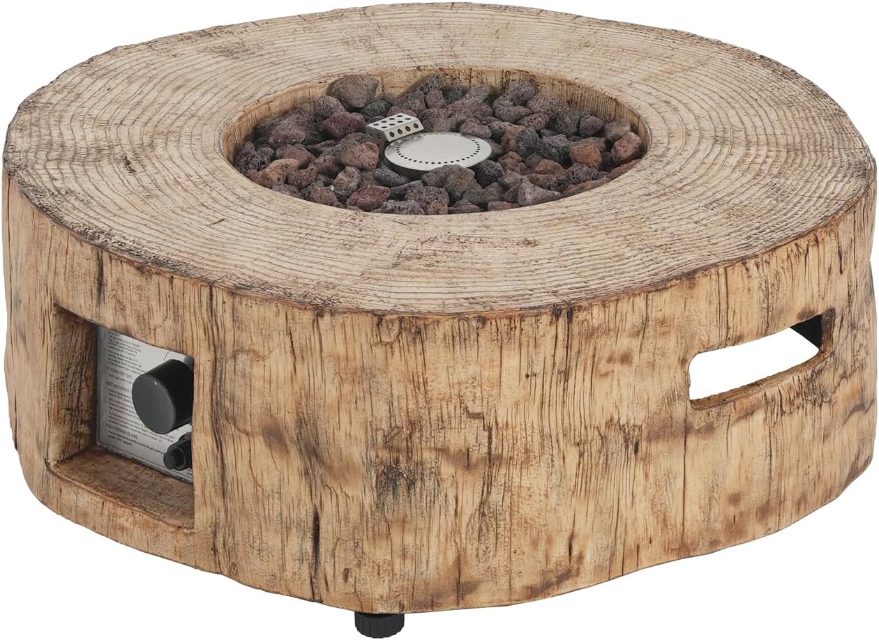 Patio Propane Fire Pit Brown 30,000Btu Stylish Wood Pattern Design Outdoor Cozy Gatherings
