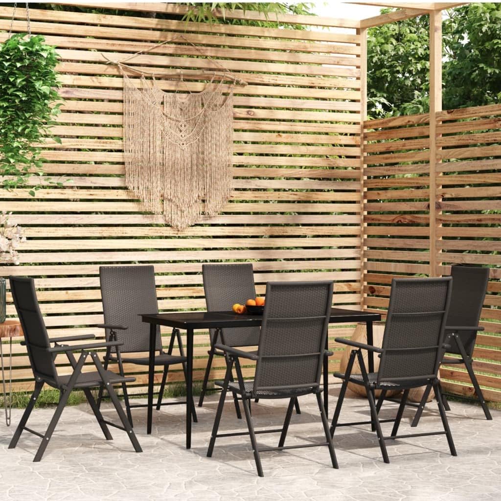 7 Piece Patio Dining Set Black,Elegant Outdoor Dining Set with Reclining Chairs and Glass Tabletop Furniture Sets for Patio, Lawn & Garden