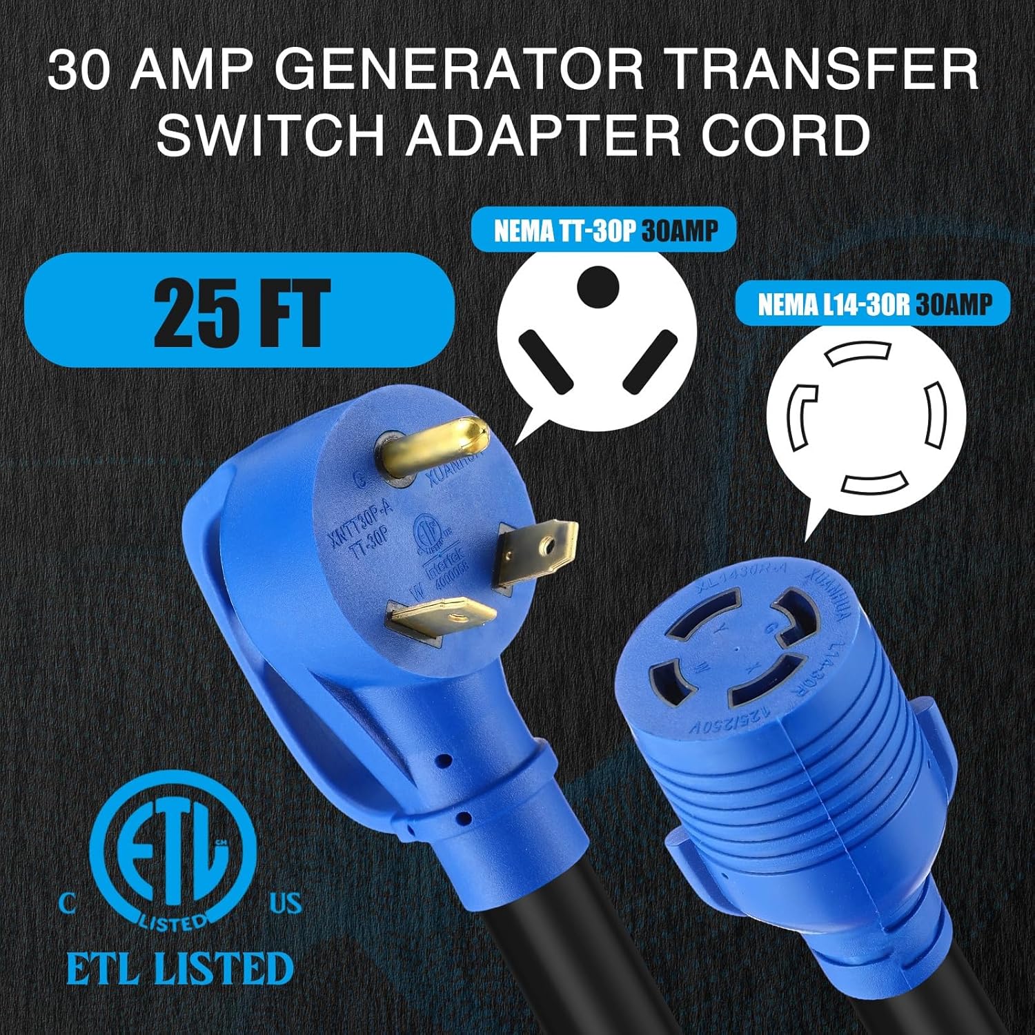 Kanayu 25 FT 30 Amp Generator Cord and Pre-Drilled Power Inlet Box Compatible with NEMA TT-30P to L14-30R, 3 Prong to 4 Prong Generator Plug Adapter, RV to House Inlet Box, STW 10 AWG, ETL Listed