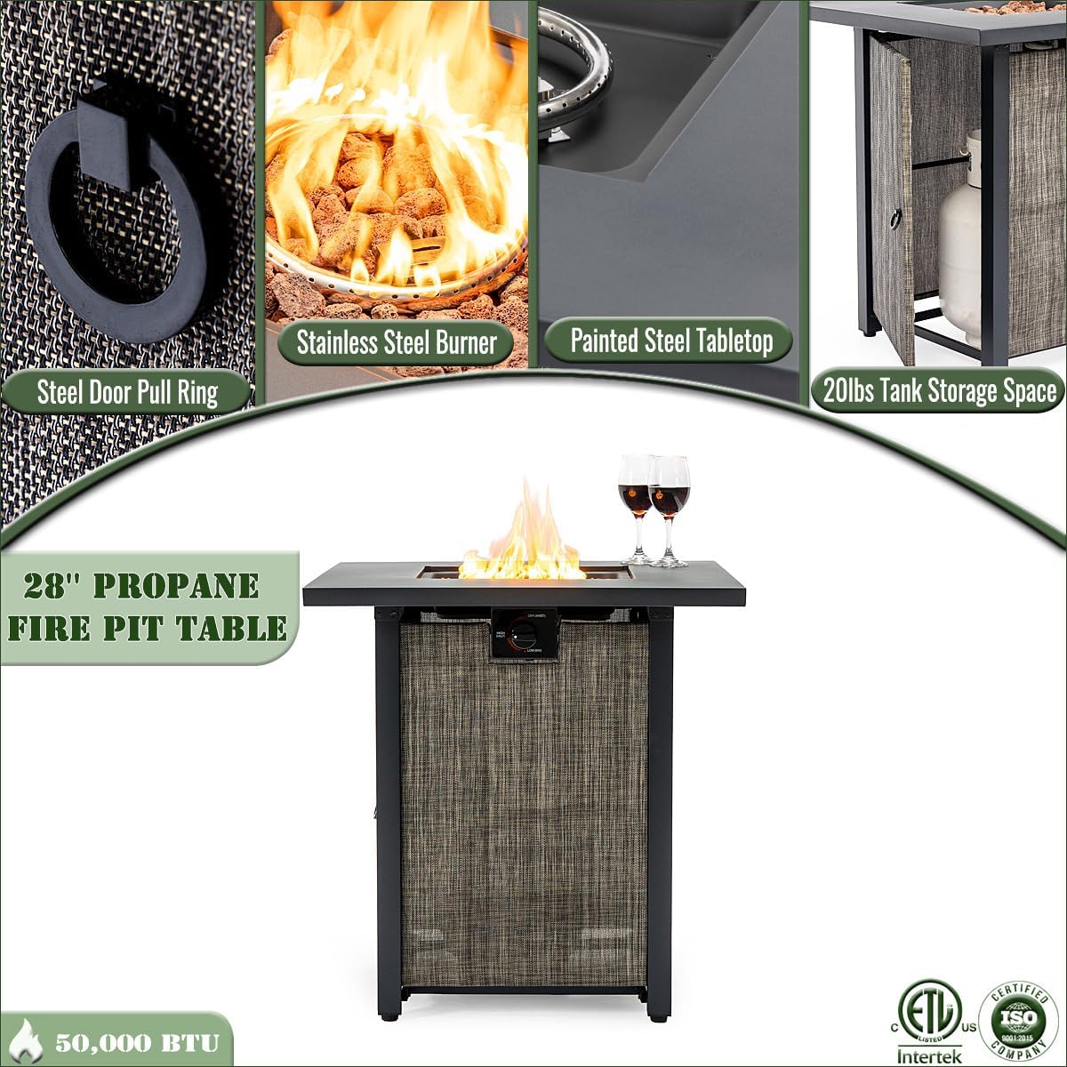 28 Inch Propane Fire Pit Table 50,000 BTU Propane Heater Outdoor with Waterproof Cover Hidden 20lb Tank Storage Alloy Steel Tabletop Fire Pit for Patio Backyard Deck
