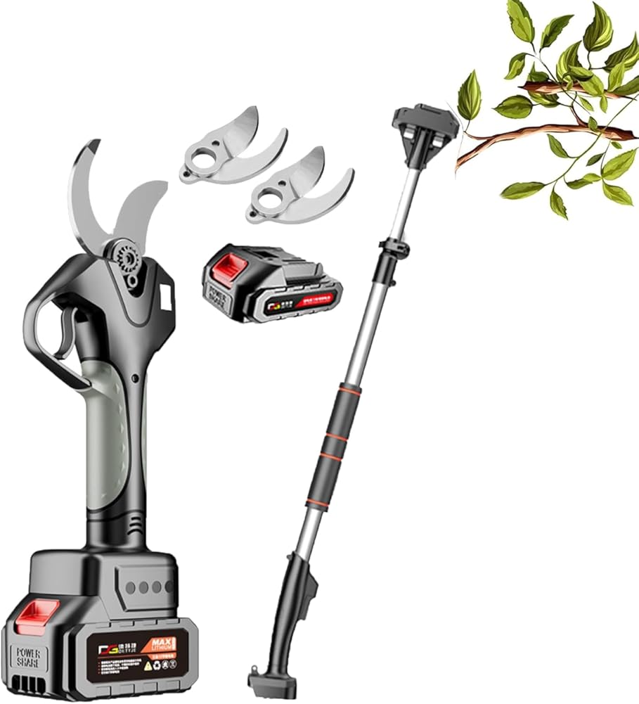 Electric Pruning Shears, 40mm Electric Garden Secateur with 2.1m Telescopic Pole, Long Reach Pruner Branch Scissors 10-12 Hours Working Hours 2 Battery Powered for Hedge, Bush, Orchard