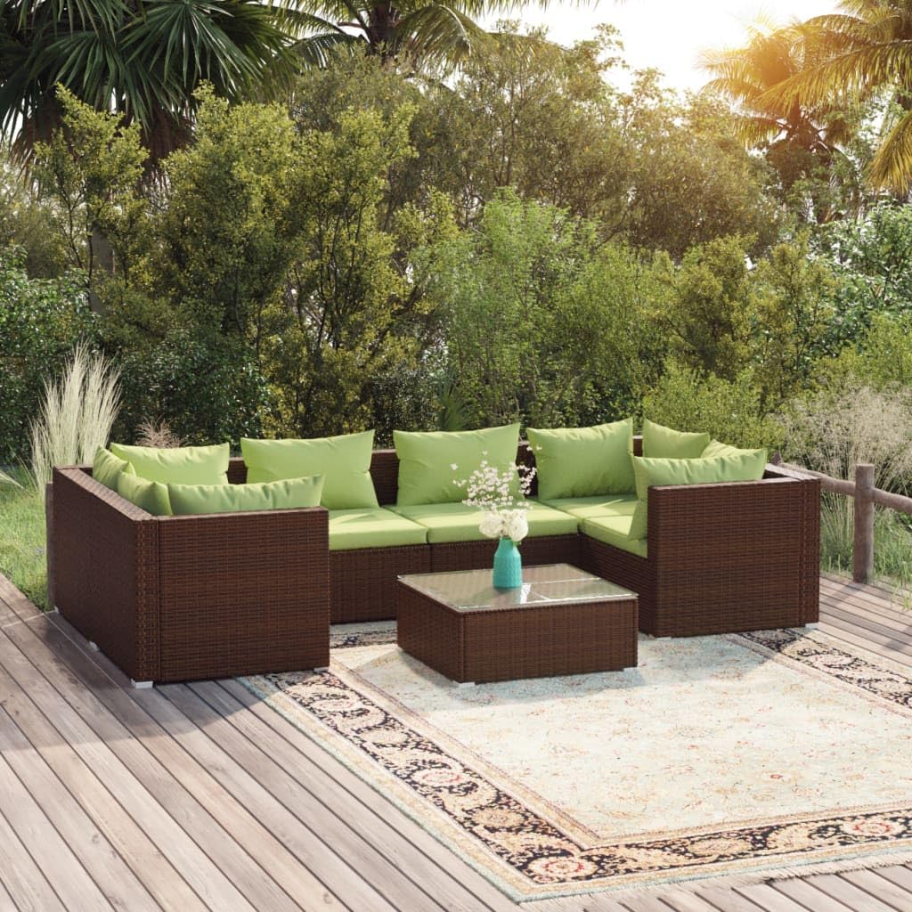 7 Piece Patio Lounge Set with Cushions Poly Rattan Brown,Modular Patio Lounge Set with Cushions WaterResistant PE Rattan for Outdoor Use Patio Furniture Sets, Outdoor Furniture Sets