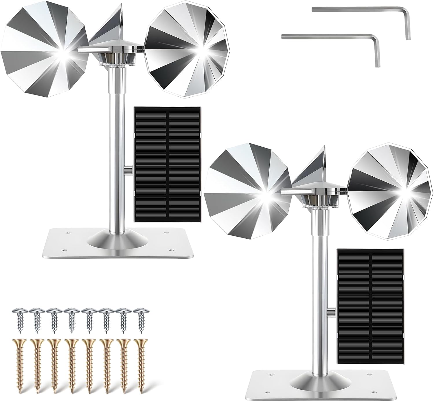 Qualirey 2 Pack Upgrade Reflective Spinning Bird Deterrent with Solar Panel, Solar Wind Powered Aluminum Bird Repellent Scare Devices Outdoor, Repels Woodpecker Pigeon Sparrow for Garden Roof, Silver