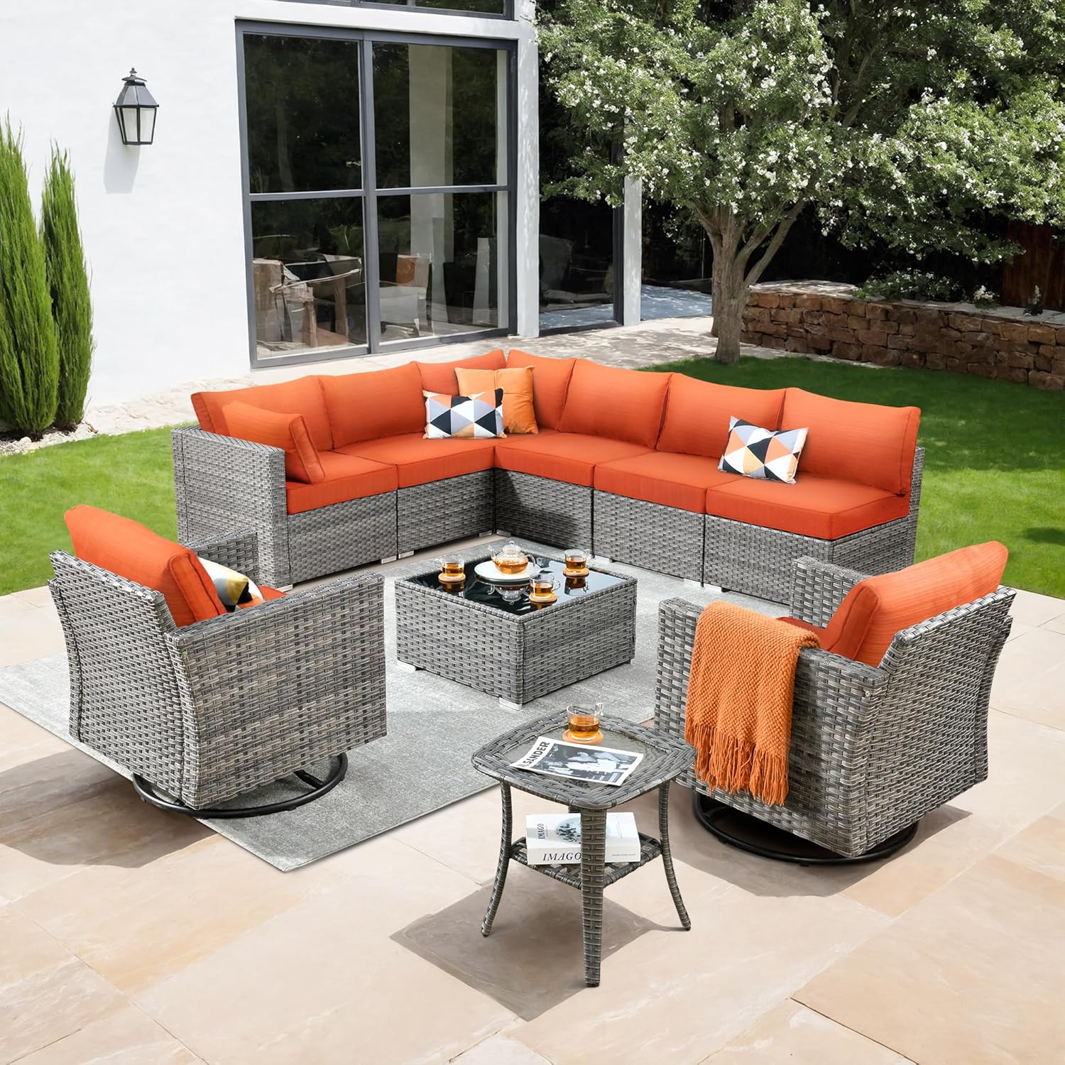 10 Pieces Patio Coversation Set with Swivel Rocking Chair, Outdoor Furniture Modular Couch with Coffee Table, Rattan Wicker Sectional Sofa for Porch Balcony Backyard, Orange