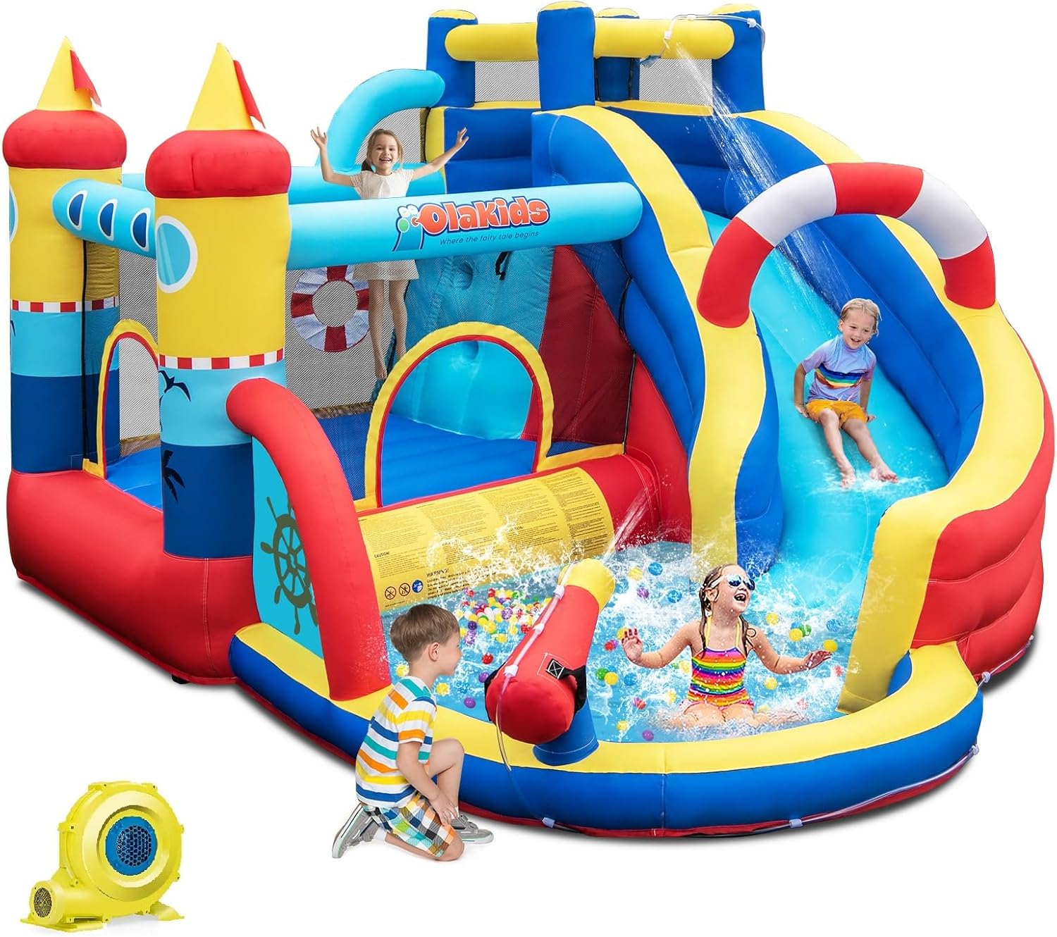 OLAKIDS Inflatable Water Slides, Nautical Themed Bouncy House with Slide, Splash Pool, Climbing Wall, Water Gun, Outdoor Jumping Castle with Hose, Carry Bag, Repairing Kit, Stakes