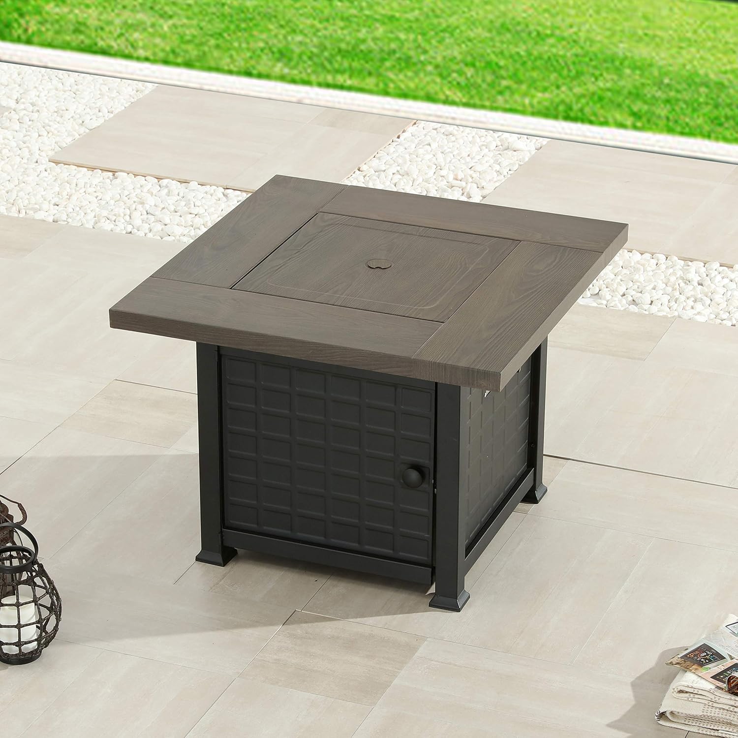 LOKATSE HOME 34-Inch Propane Gas Fire Pit Table for Square Outside Patio with Steel Cover CSA Certification 50,000 BTU Outdoor Auto-Ignition Fireplace, Black