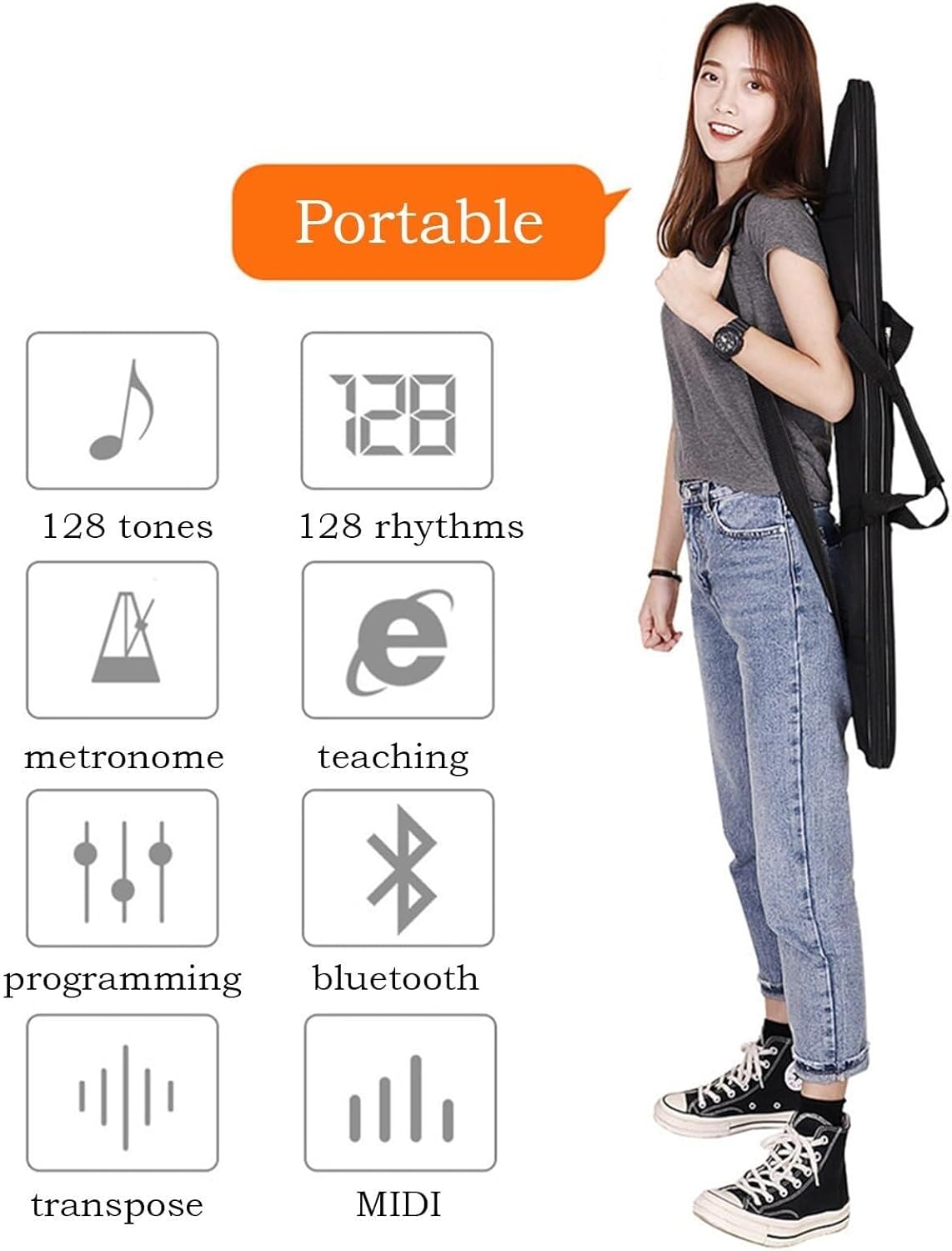 61-Key Full-Size Touch-Sensitive Electric Piano, Portable Rechargeable Travel Keyboard with Bluetooth, MIDI Mode for Beginners & Teens