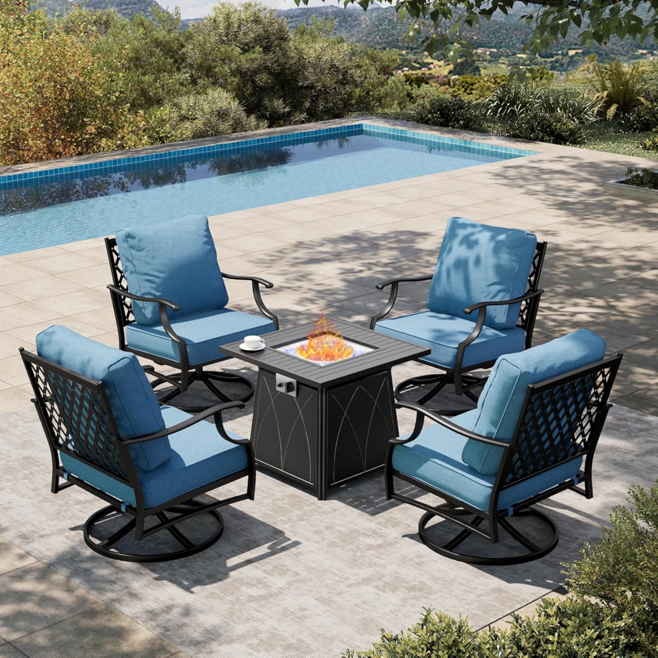 HERA'S HOUSE 5 Pieces Fire Pit Patio Furniture Set, 4 x Thick Cushioned Swivel Chairs with 28