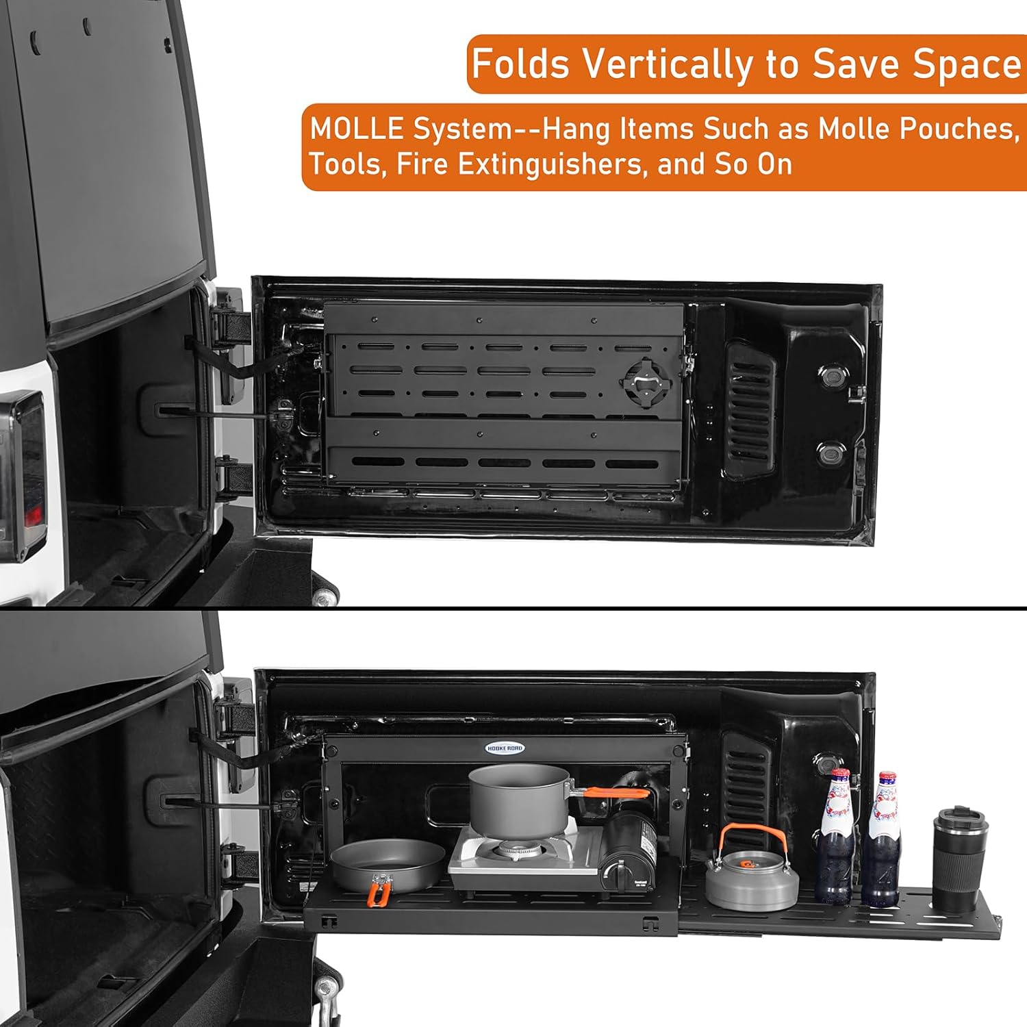 Hooke Road JK Tailgate Table Pull-out Style Cargo Shelf for 2015-2018 Jeep Wrangler JK JKU Unlimited 2 or 4 Doors, Foldable Camping Desk Overlanding Storage Molle Panel