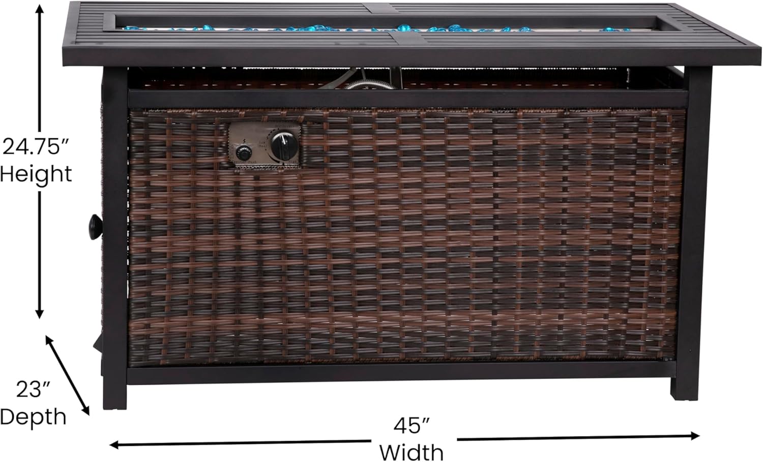 BizChair 50,000 BTU Outdoor Propane Fire Pit Table - Black Stainless Steel Tabletop and Espresso Wicker Base - 45