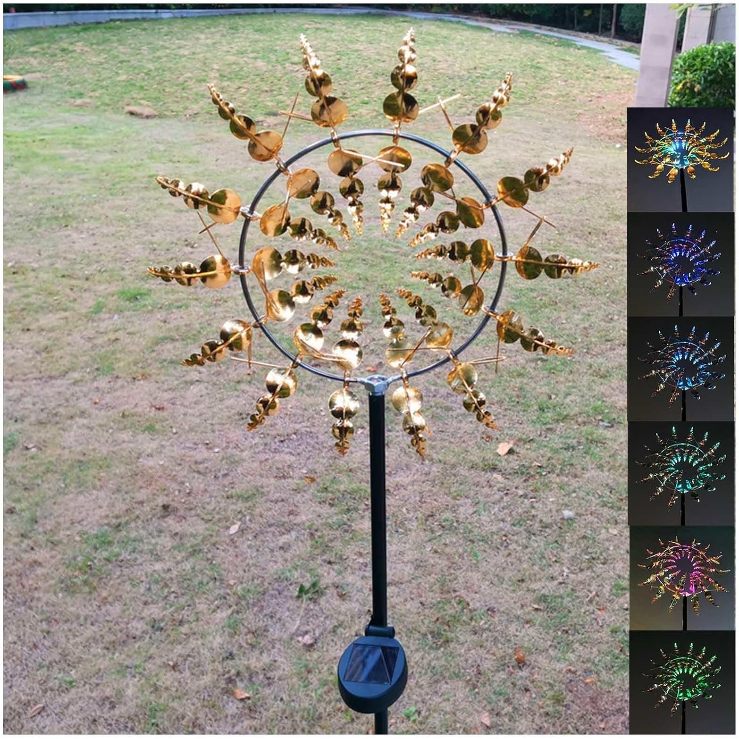 Solar Magic Windmill, Wind Spinner Outdoor 3D Wind Powered, 13.4 x 71in Garden Spinner,Gold