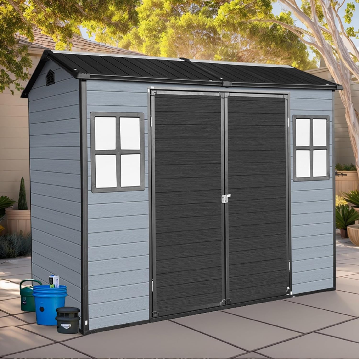 8 x 4 FT Outdoor Storage Shed with Floor and 2 Windows, Resin Outdoor Shed with Lockable Double Door & Vents, Plastic Sheds for Patio Furniture, Garden Tools, Lawn Mower, Bicycles