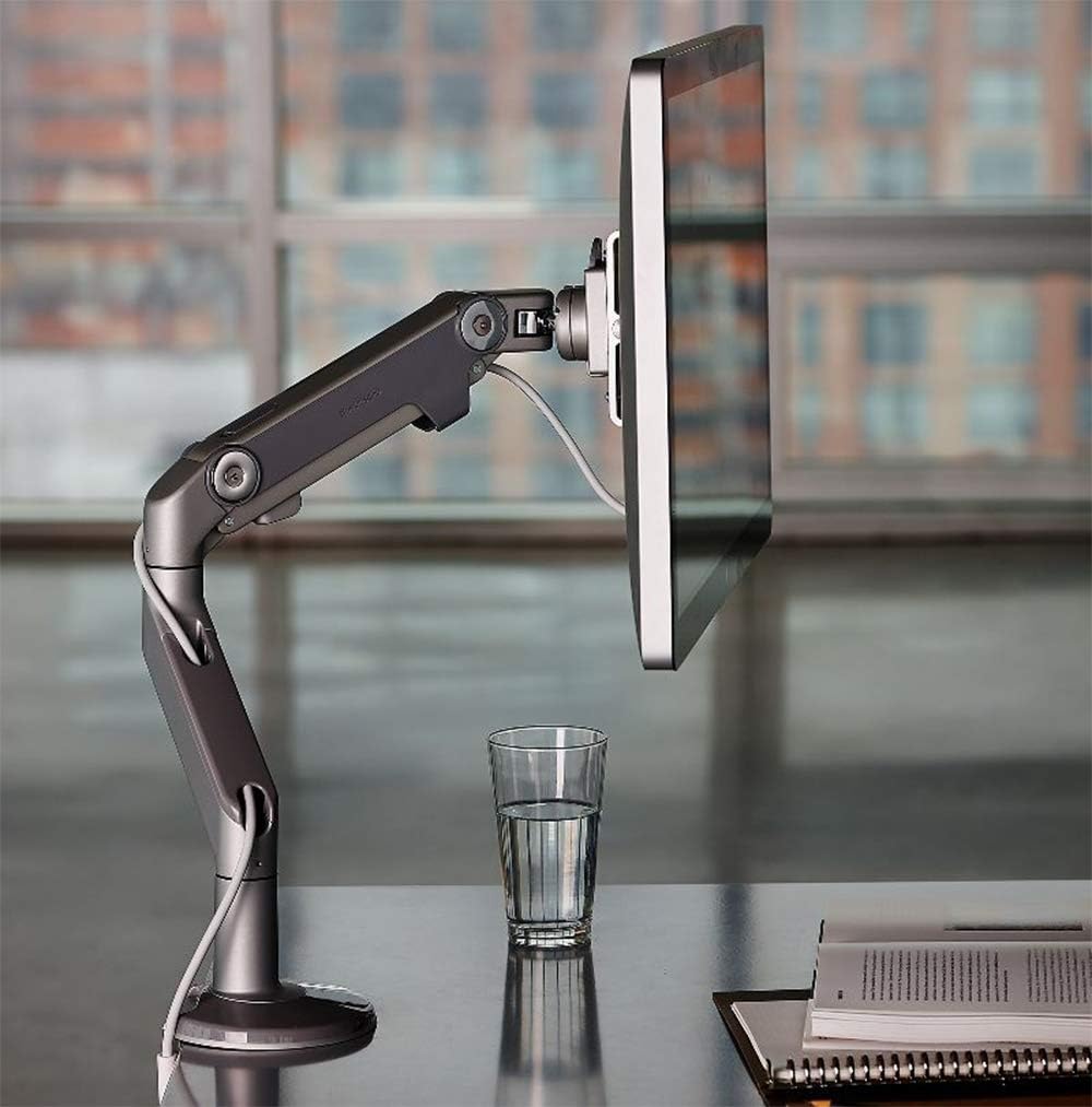 Humanscale M8 Adjustable Articulating Computer Monitor Arm - Bolt Through Mount with Base - Silver with Gray Trim