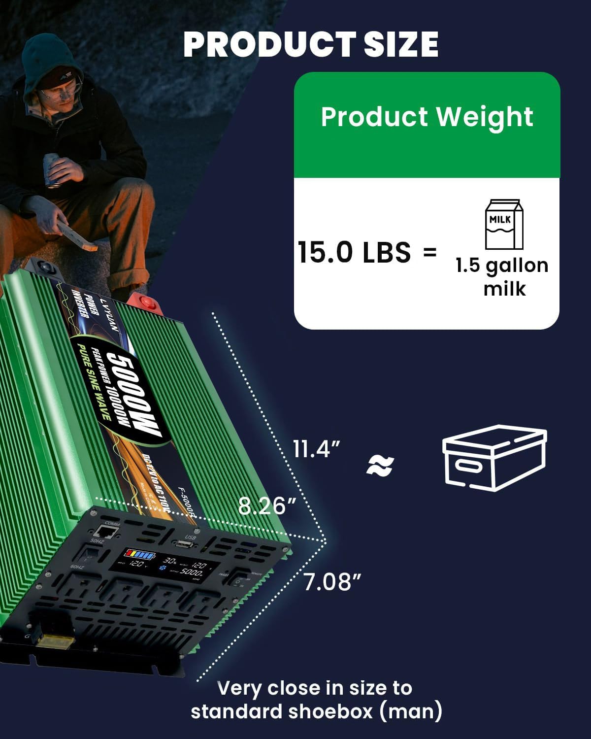 5000 Watt Pure Sine Wave Power Inverters, DC 12V to 110V Inverter with 0 AWG Battery Cables, Remote & LED Panel Control, 4 AC Outlets, 5V 3.1A USB, 20W Type-C, 10000 W Surge for RV, Truck, Off Grid