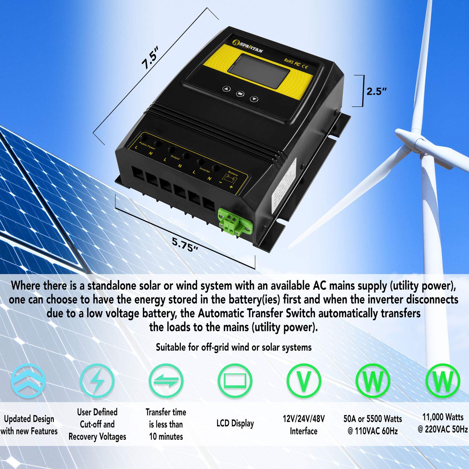 Spartan Power 50A 5500 Watt Automatic Transfer Switch Great for Solar & Wind Off Grid Systems
