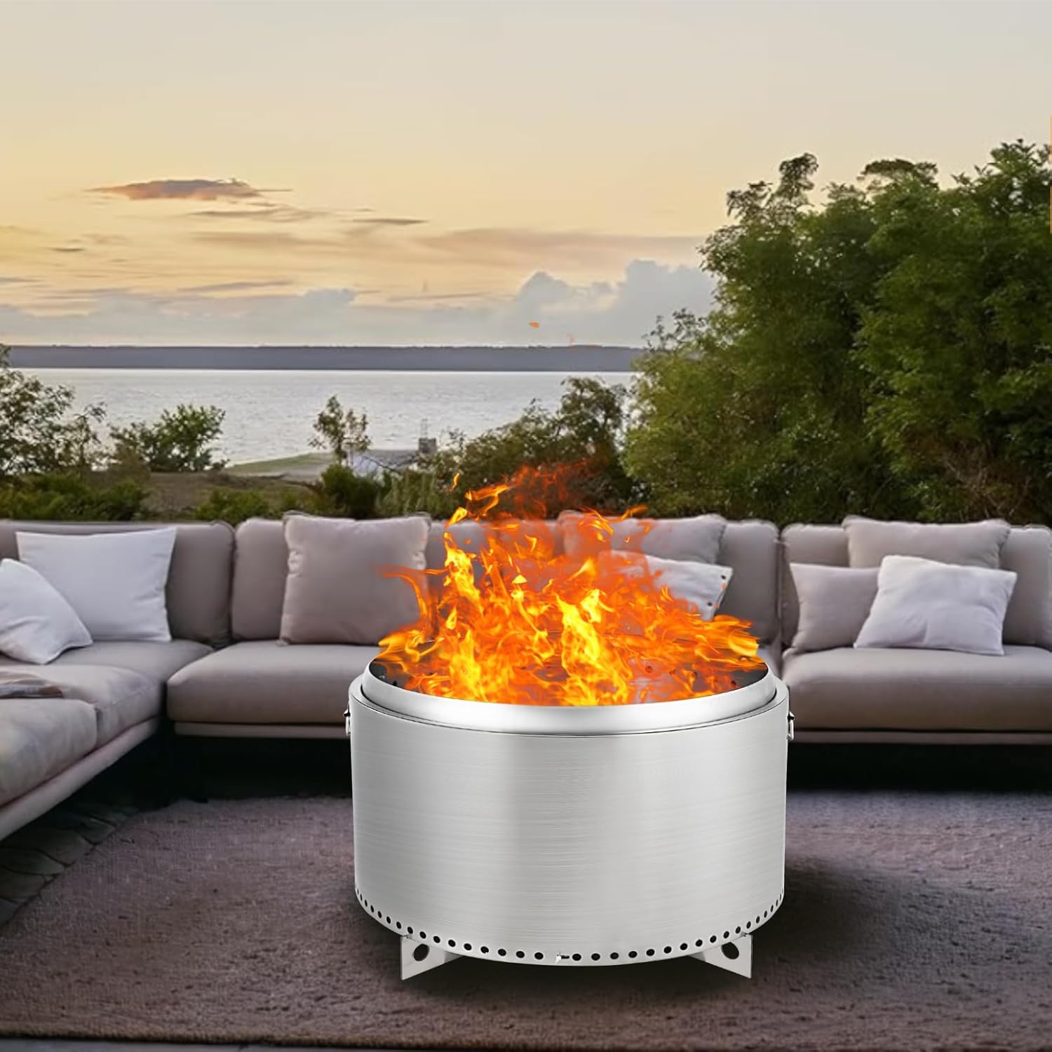 27 Inch Smokeless Fire Pit with Air Switch, Portable Wood Burning Stainless Steel Firepit with Stand, Removable Ash Pan and Stove Hook, Outdoor Fire Pit for Camping, Backyard, Patio, Picnic
