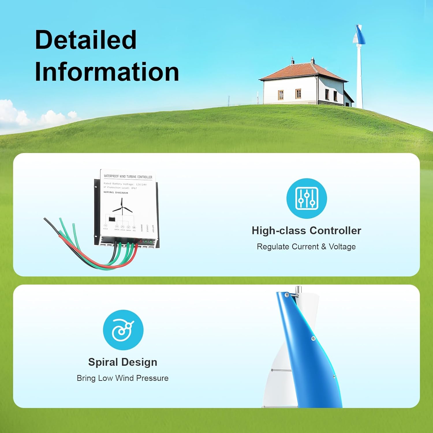 Wind Turbine Generator, 100W Vertical Wind Turbine Wind Turbine Generator Kit with Controller 12V 2 Blades Vertical Axis Windmill for Home Street Lighting (White & Blue)