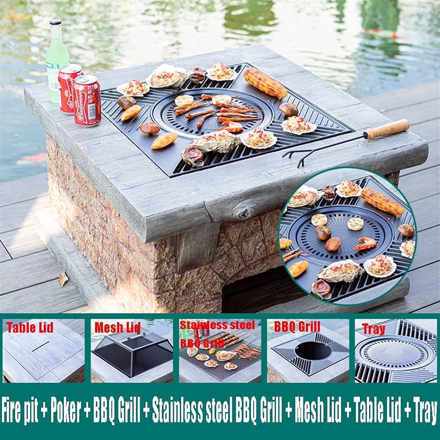 Outdoor Fire Pit Imitation Stone Outdoor Firewood Brazier, Fire Pit with Spark Screen, Waterproof Cover, Poker, Square Fire Pit in Backyard Garden of Terrace