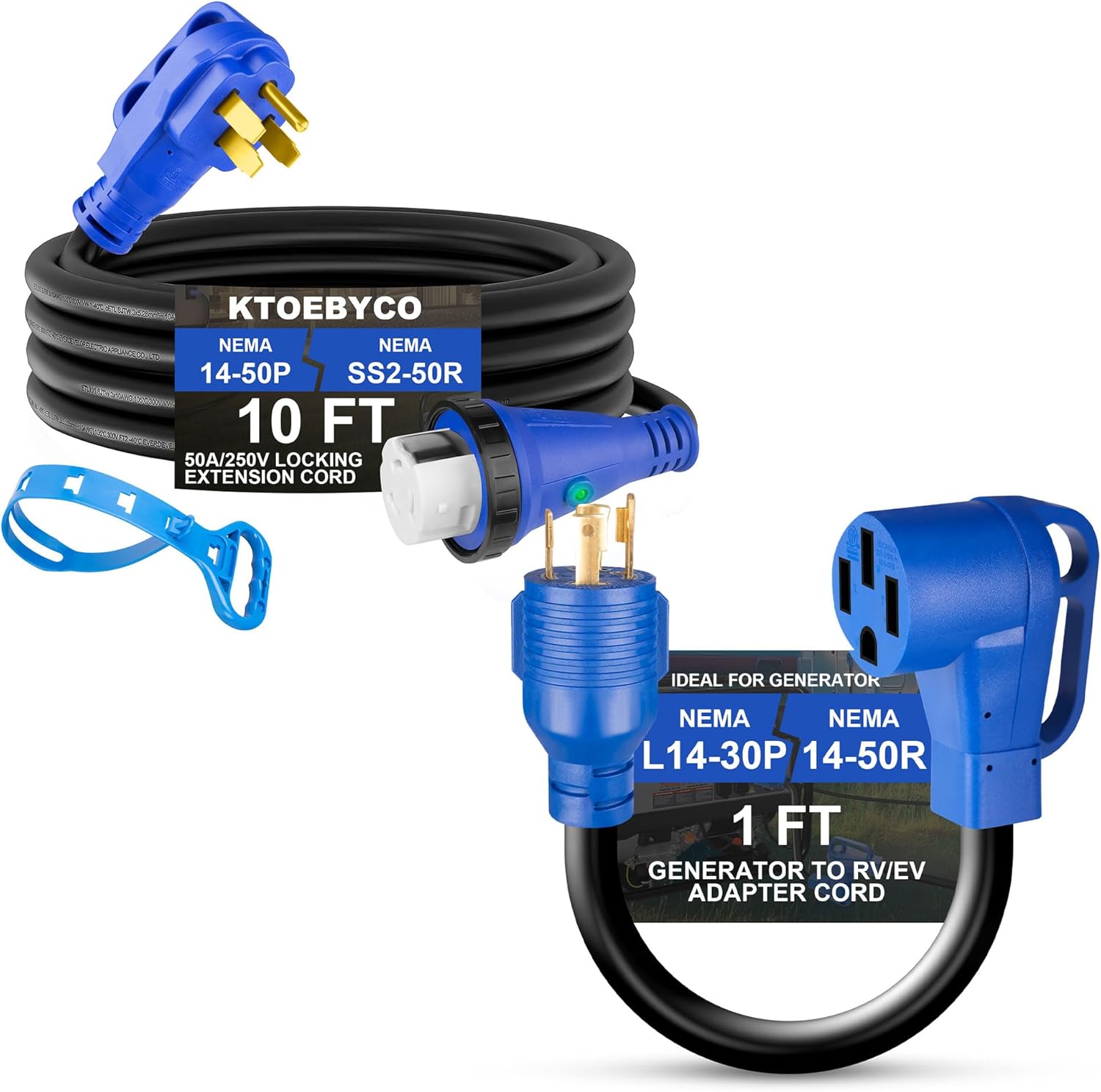 50 Amp RV Extension Cord 10 ft, NEMA 14-50P to SS2-50R Cable with Power Indicator& Polarity Lamp, 4 Prong 30A to 50A Generator Adapter Cord, NEMA L14-30P to 14-50R