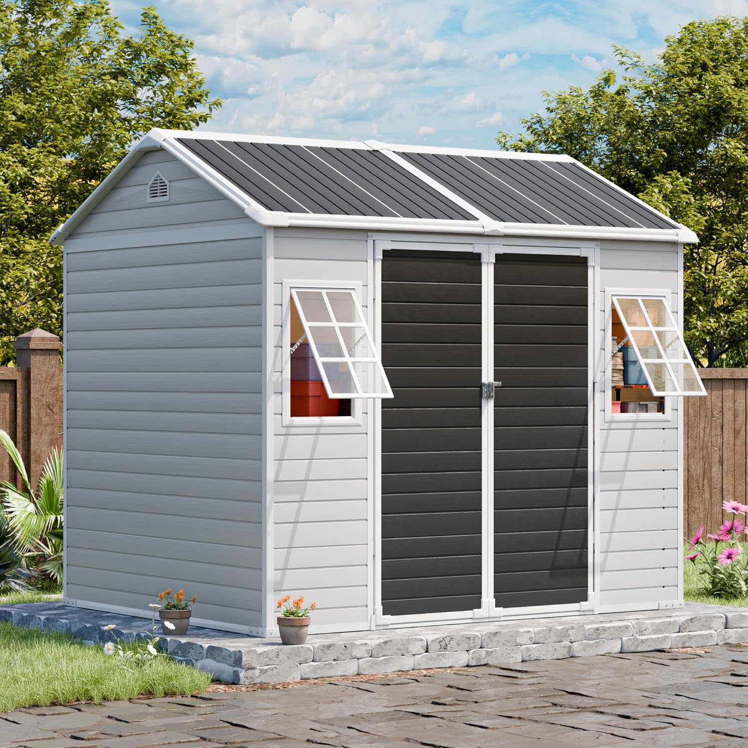CDCASA 8x6 FT Resin Storage Sheds with Floor, Waterproof Large Outdoor Sheds and Adjustable Openable Windows,Outside Plastic Tool Shed for Backyard Garden Patio Lawn