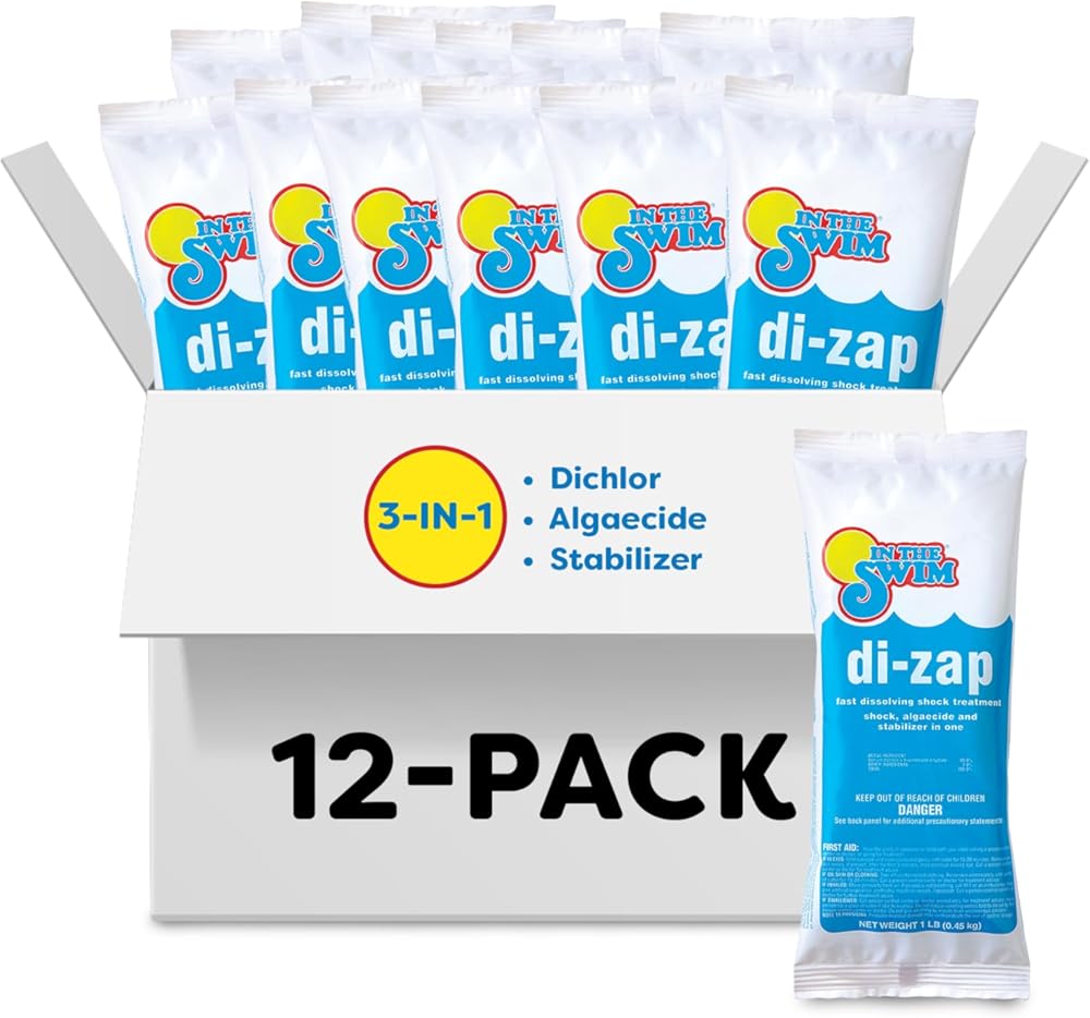 In The Swim Premium 3-in-1 Pool Shock - Di-Zap Contains Dichlor, Algaecide, and Stabilizer - 12 x 1 lb. Bags