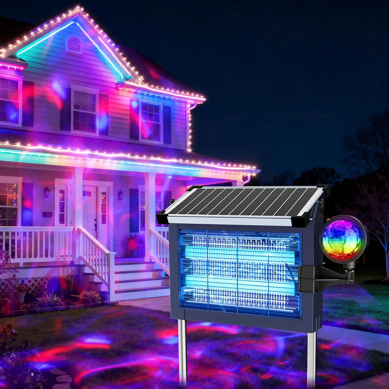 Solar Bug Zapper Outdoor with Projector Lights, Mosquito Zapper Waterproof Electric Fly Zapper Rechargeable with 10W Solar Panel, 4500V Cordless Fly Trap for Backyard, Patio, Garden, Camping