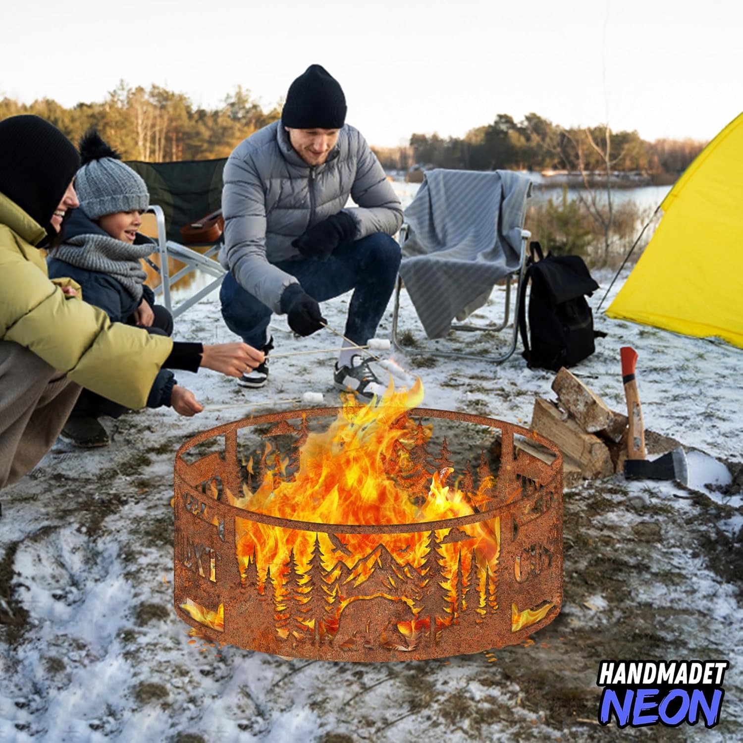 Personalized Rusty Forest Bear Fire Pit Ring 360 Degree, Custom Outdoor Rusted Campfire Round Firepit, Pits Gifts for Wood Burning, Fireplace, Camping Essentials, Raised Garden Bed