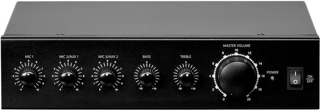 Monoprice Commercial Audio 3 Channel 60 Watt 100/70V Mixer Amp - Three Mic Inputs, Bass, Treble, and Volume Controls, Black