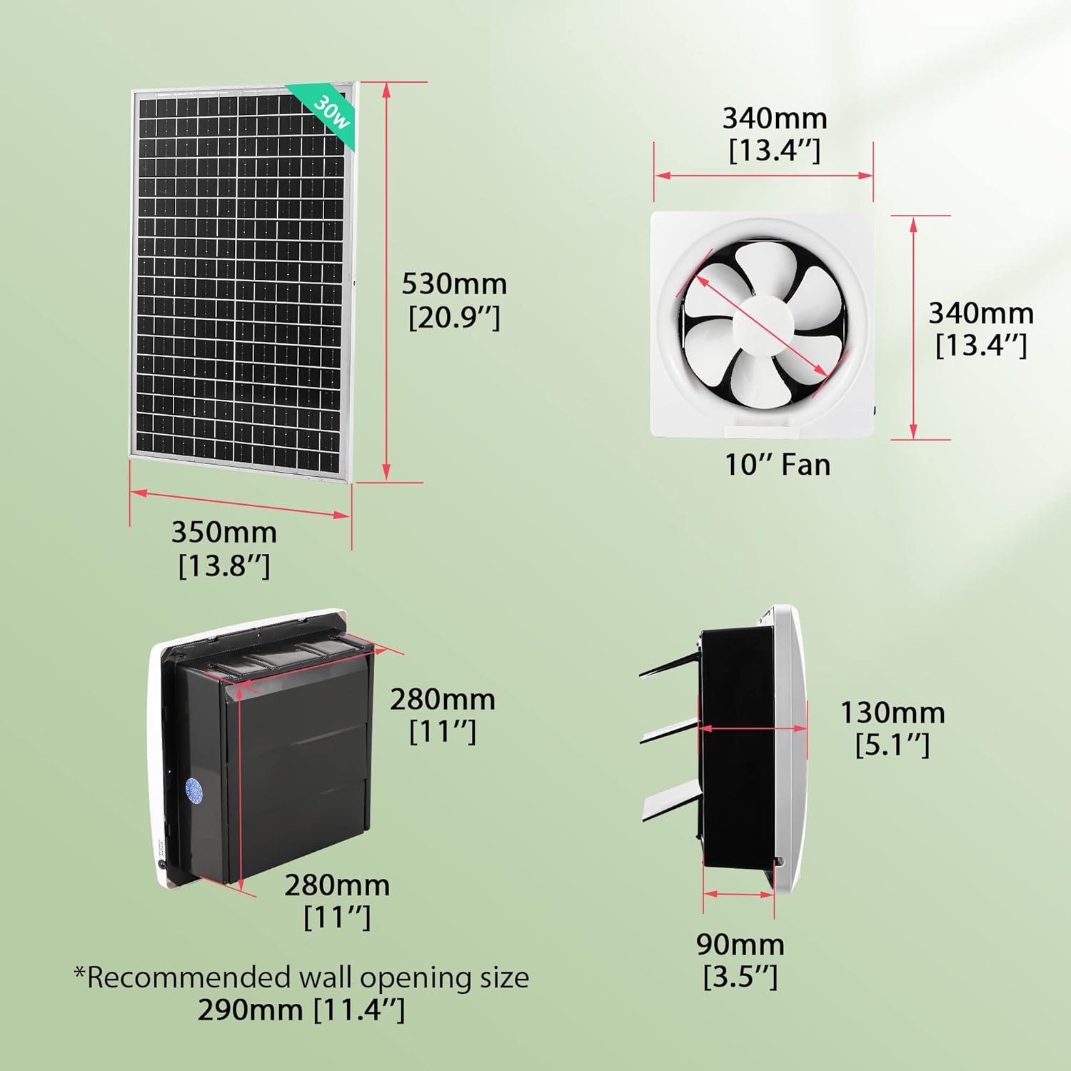 Solar Powered Exhaust Fan Kit, 30W Solar Panel + 10'' High-airflow Shutter Exhaust Fan, Ventilation Solution for Greenhouse, Sheds, Chicken Coops, Pet Houses, RVs, Garages, Attics