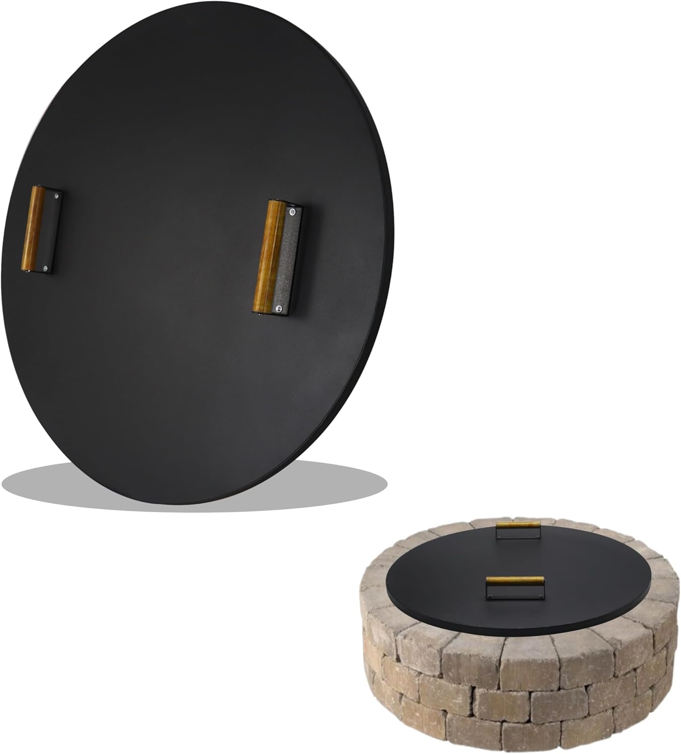 30” firepit lid round for inside up to 28” gas fire pit lid for Outdoor Fireplace Cover Lid Steel fire pit metal cover W/ 2 Wooden Handles & Heat Resistant Snuffer Lid for Round Patio Fire Pit Ring