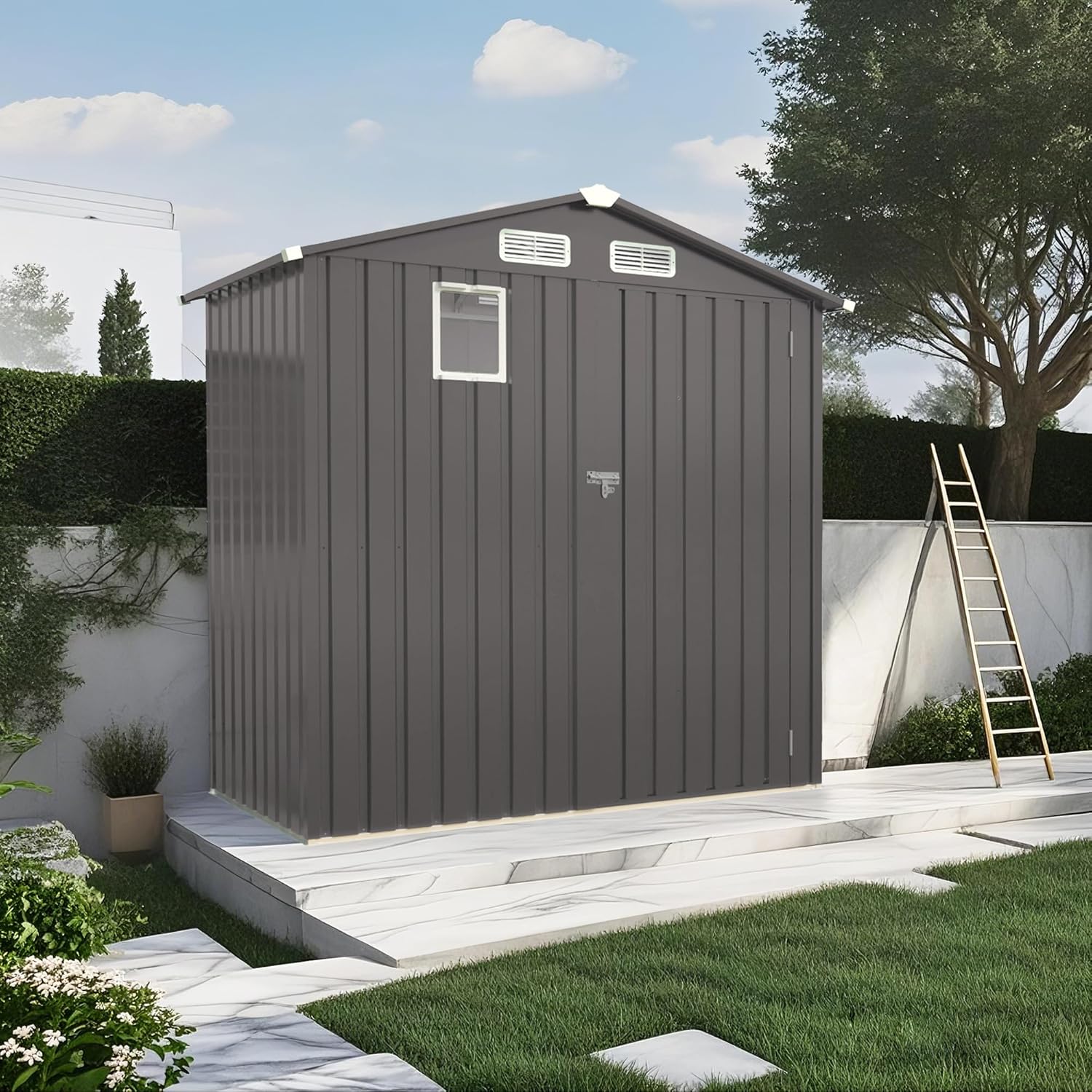 6X4 FT Metal Outdoor Storage Shed,Waterproof Tool Sheds with Pitched Roof and Positive Window,Backyard House Buildings w/Lockable Door & Vents,for Garden Sundries Sundries Bike,Gray