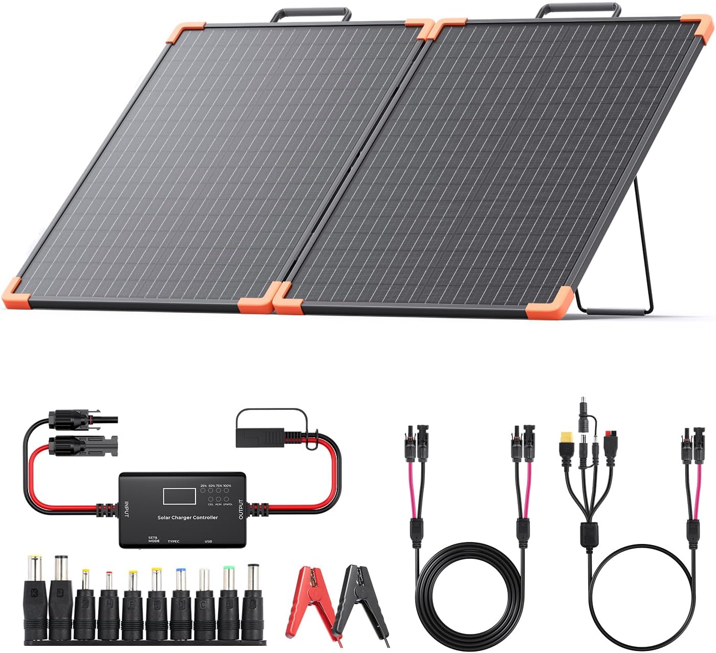 100 Watt Portable Solar Panel with 20A PWM Controller,Camper Essentials,19V Foldable Solar Panel Kit for Power Station & 12V Batteries,23.5% High Efficiency IP68 Waterproof for Camping RV Trip