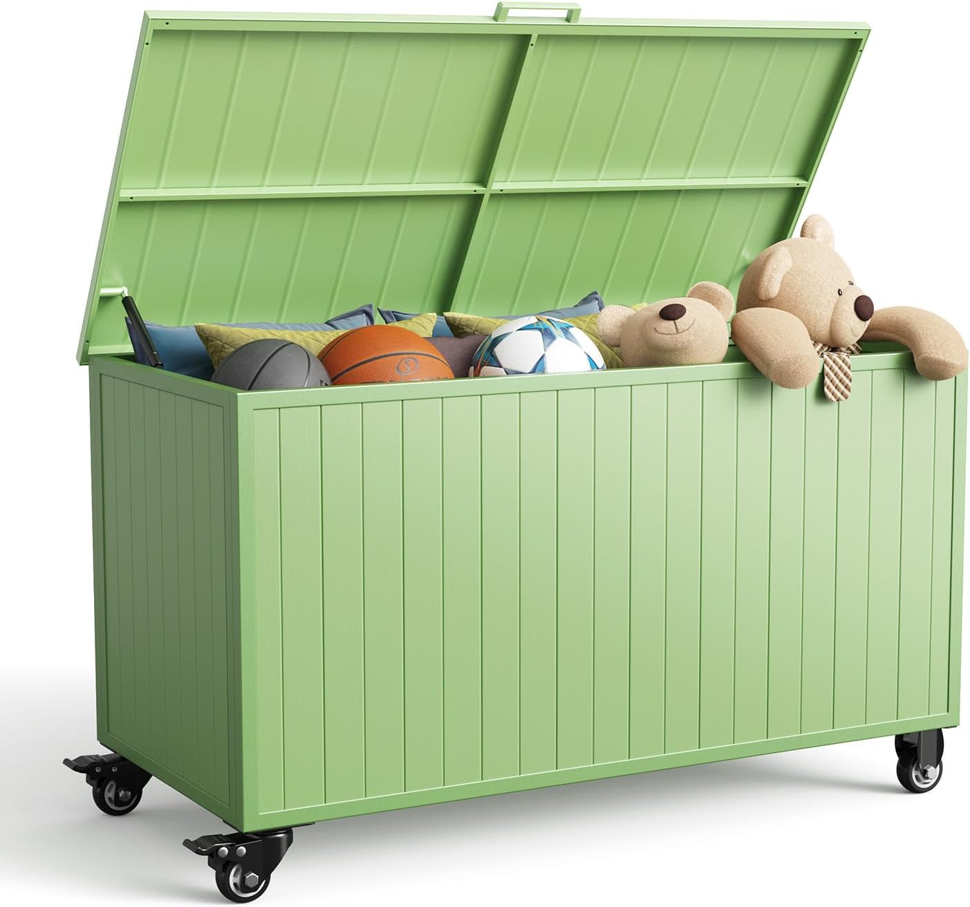Outdoor Storage Box with Wheels 150 Gallon, Metal Deck Boxes Outdoor Waterproof, Patio Storage Box for Home/Backyard/Pool Chemicals/Toys/Garden Tools/Porch/Patio Cushions (Green)
