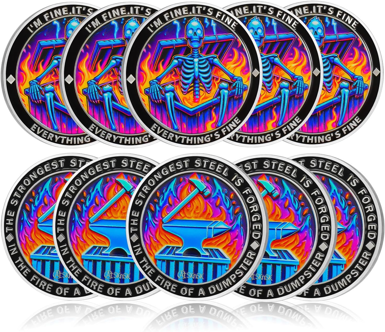 10Pcs Purple Flame Skeleton Dumpster Fire Coin, I'm FINE Dumpster Fire Challenge Coin - Funny Office Desk Accessories - Novelty Coins Pocket Token - Inspirational Office Gifts for Men Women