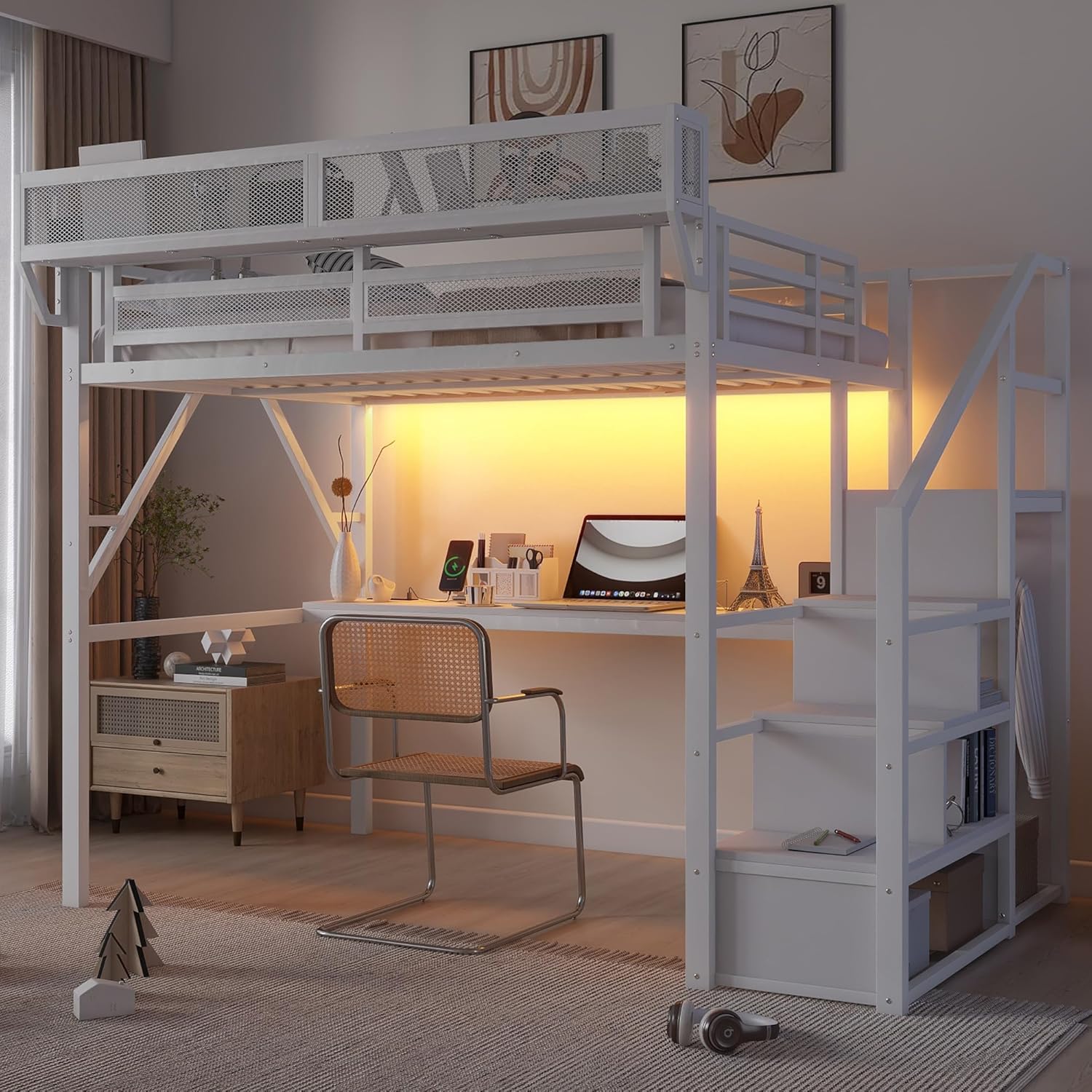 Full Loft Bed with Desk and Charging Station, Full Size Metal Loft Bed with Stairs and Light for Kids Teens, Black, Patent Products (White)