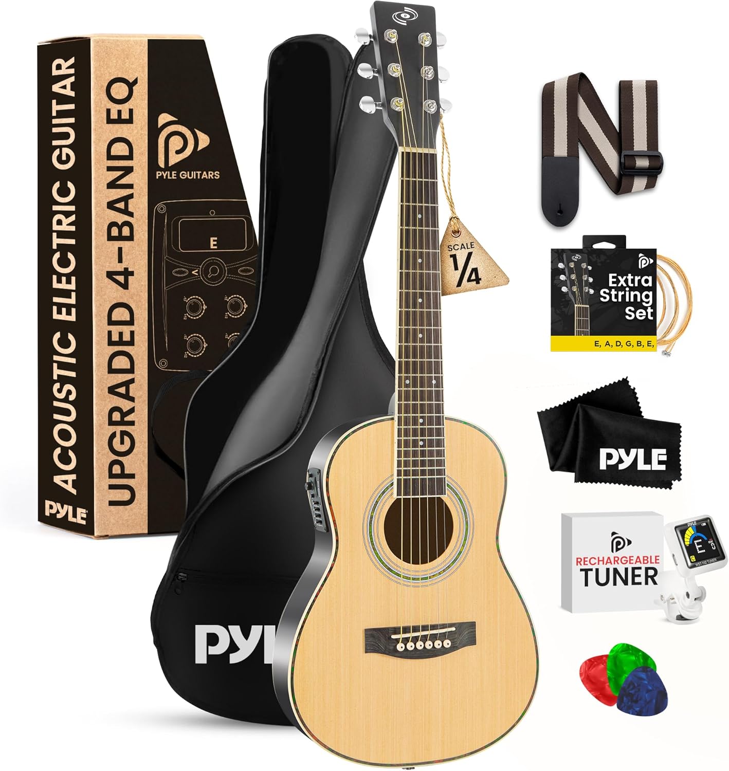 Pyle Acoustic Electric Guitar Kit, 1/4 Scale Spruce Wood Steel String Instrument w/ Gig Bag, 30”