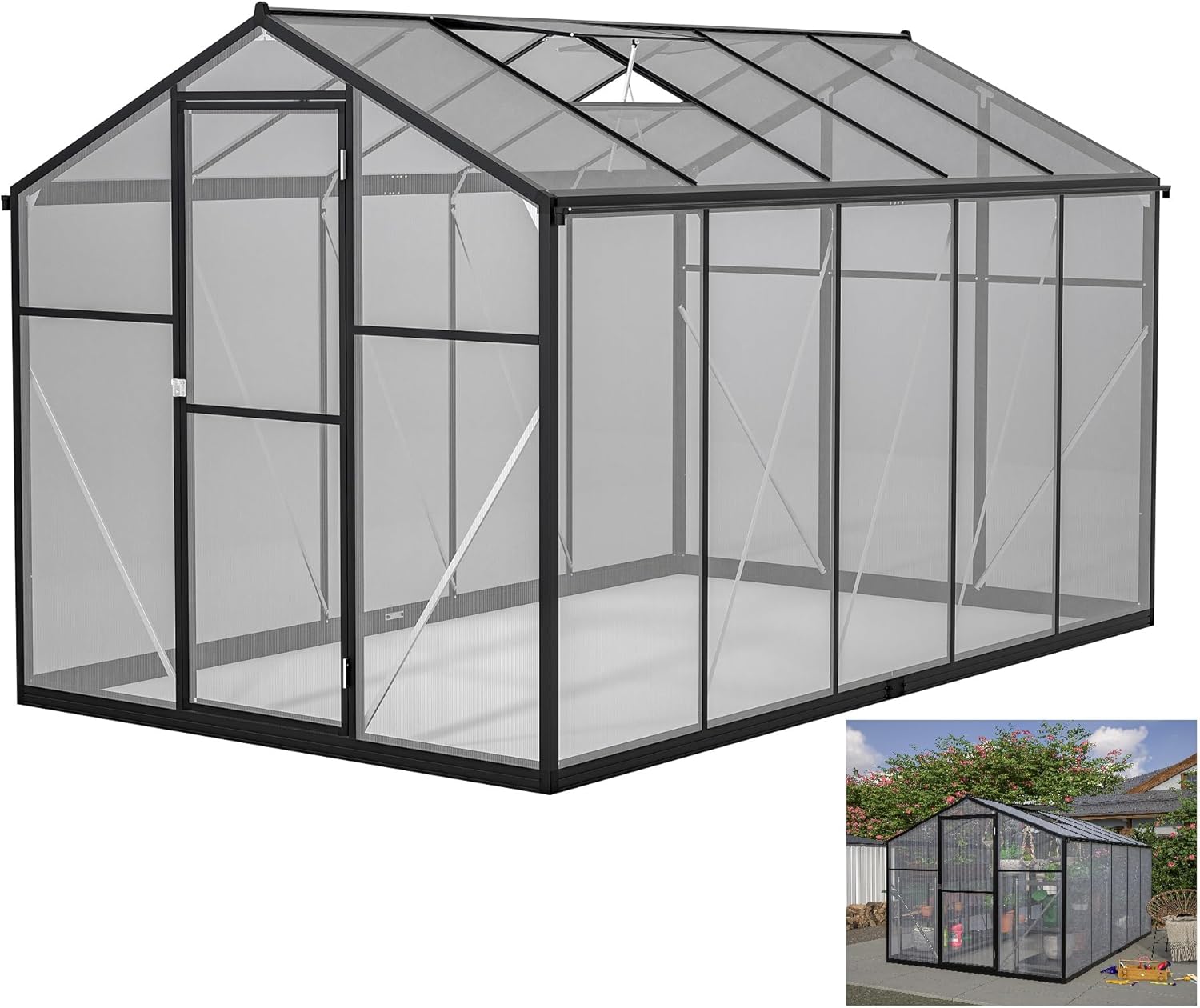 6x10 FT Large Walk-in Greenhouse for Outdoors, 4mm Thick Polycarbonate Panels with Aluminum Frame, Quick Setup, Lockable Door & Adjustable Roof Vent for Backyard Garden