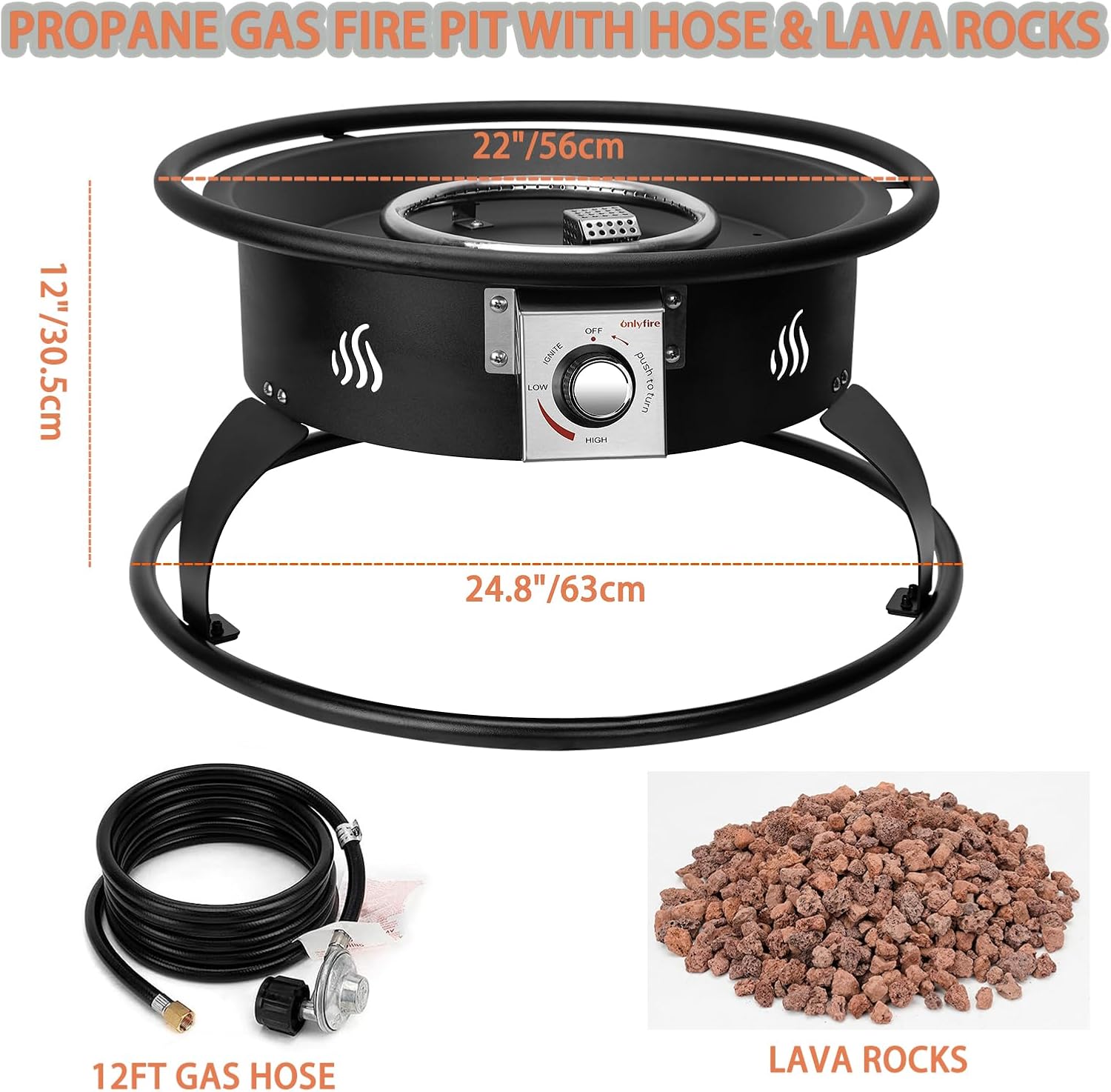 ONLYFIRE OUTDOOR LIVING Propane Gas Fire Pit 22¡±, Portable Smokeless Fireplace with 12Ft Hose & Lava Rocks, FirePit for Patio Backyard Bonfire Camping RV Tailgating Beach Party, 55000BTU, #FP001