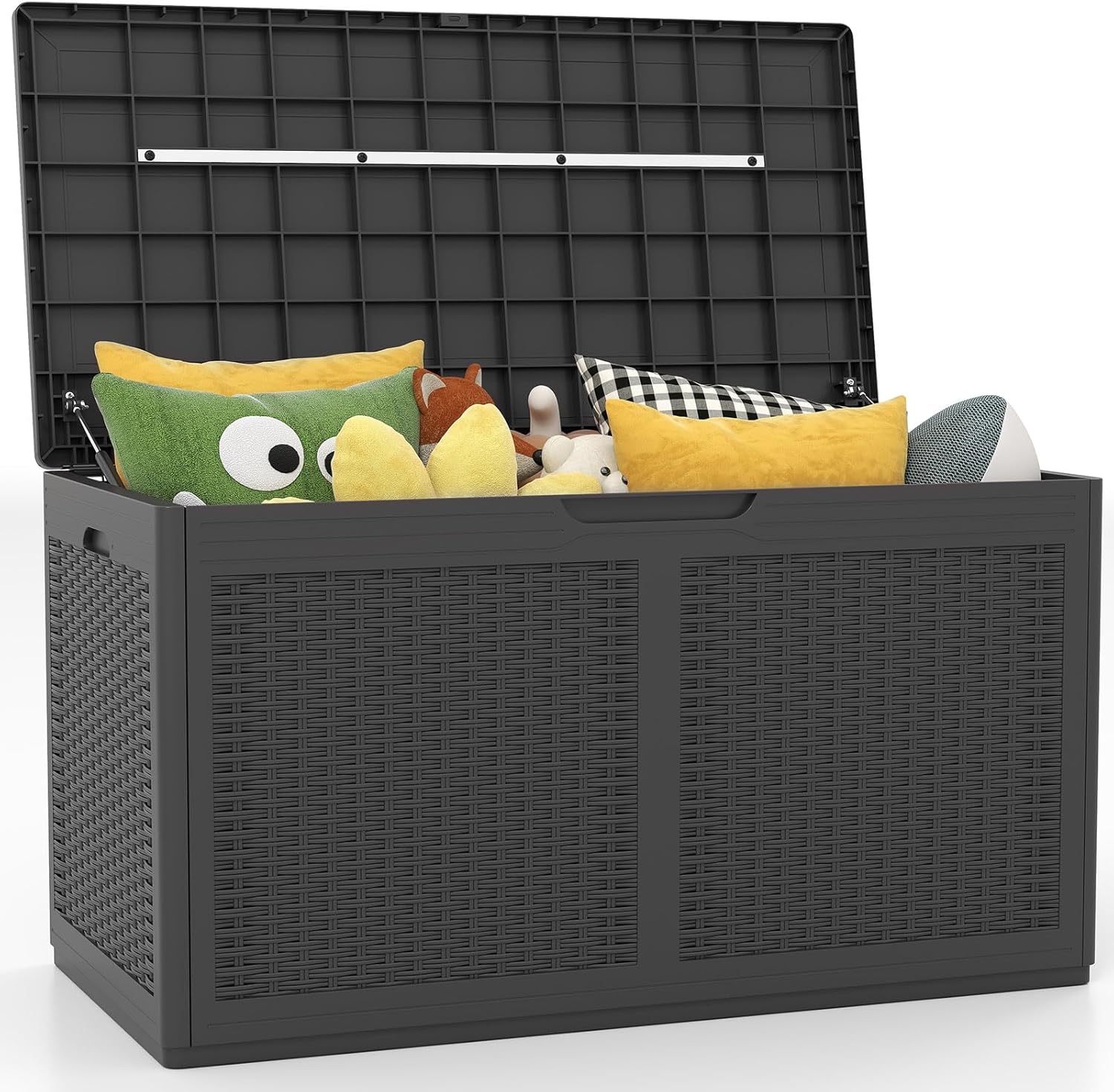 Tangkula 100 Gallon Outdoor Storage Box, Lockable Outdoor Storage Bench with 2 Smooth Wheels, Faux Rattan Surface, Waterproof Resin Deck Box for Outside Poolside Patio Garden (Grey)