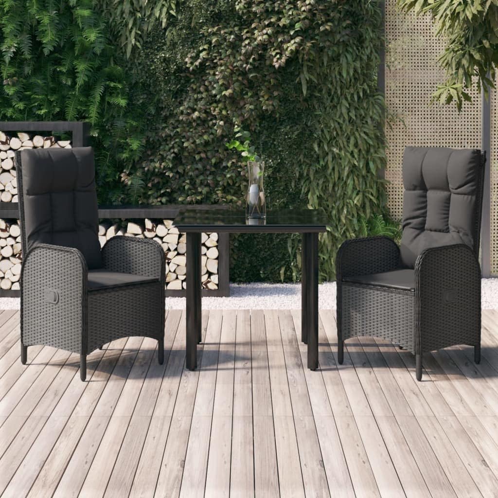 3 Piece Patio Dining Set with Cushions Black Poly Rattan,Versatile Outdoor Reclining Chair with Dining Table for Patio or Garden Furniture Sets for Patio, Lawn & Garden
