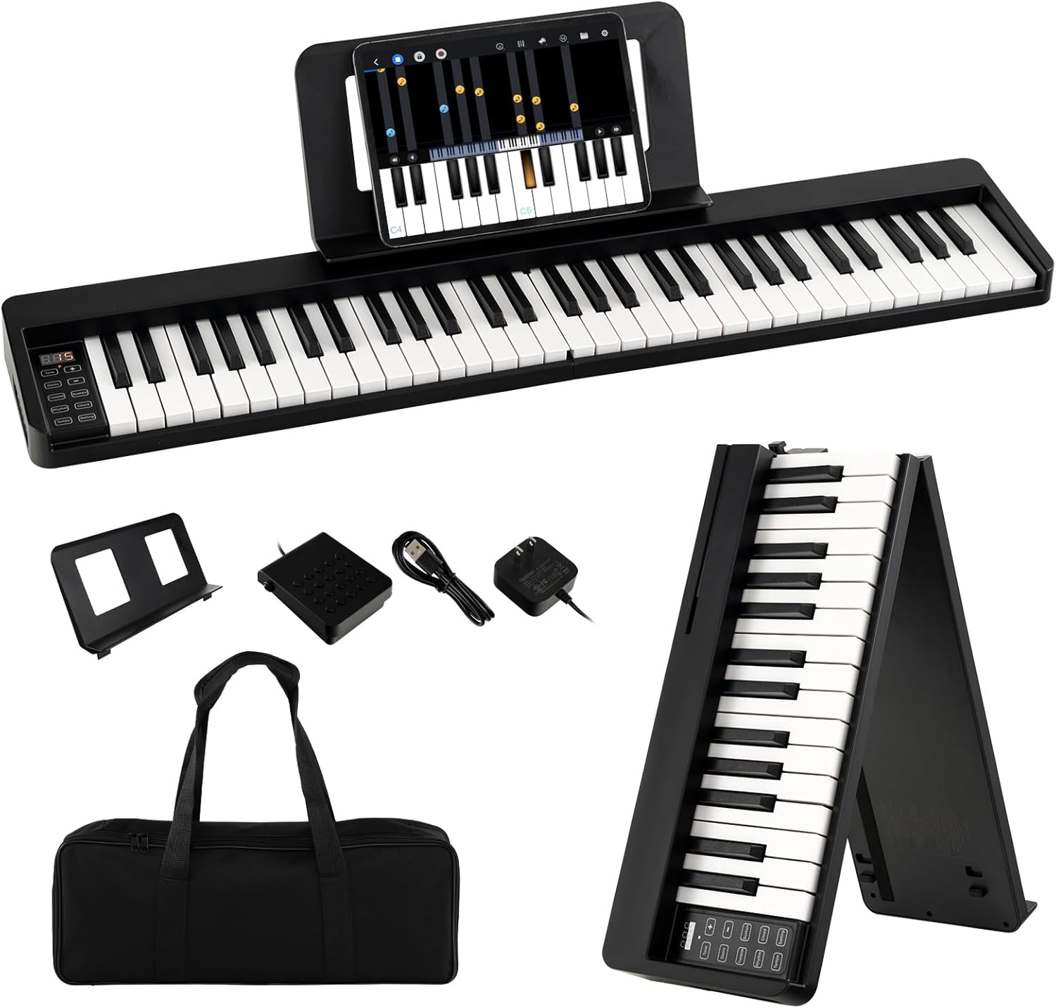 HONEY JOY 61 Key Keyboard Piano, Folding Digital Music Keyboard w/MIDI, Sustain Pedal, 128 Tones, 128 Rhythms, Microphone, Carrying Case, Music Stand, Portable Electric Piano for Beginners, Black