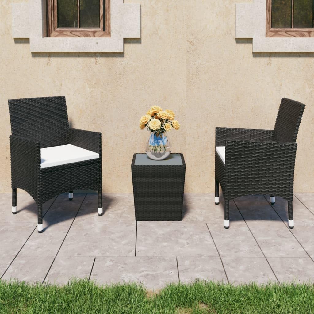 3 Piece Bistro Set Poly Rattan and Tempered Glass Black,Versatile 3Piece Bistro Set for Cozy Outdoor Living: for Balcony, Deck, or Backyard! Outdoor Furniture Sets, Patio Furniture