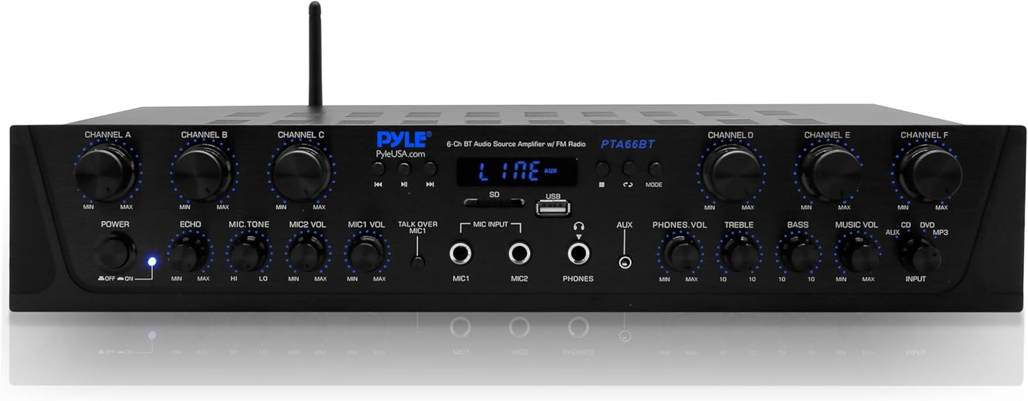 Pyle Bluetooth Home Audio Amplifier - 6 Channel Stereo Receiver Amp, 600 Watt Power, Commercial or Karaoke with Mic Talkover, Headphone Jack, 1/4'' Microphone In, USB SD AUX RCA FM Radio