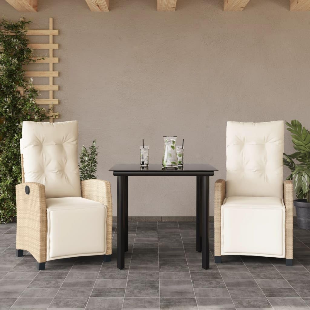 3 Piece Patio Dining Set with Cushions Beige Poly Rattan,Outdoor Dining Furniture Set: Adjustable Rattan Chairs and Glass Table for Patio Furniture Sets for Patio, Lawn & Garden