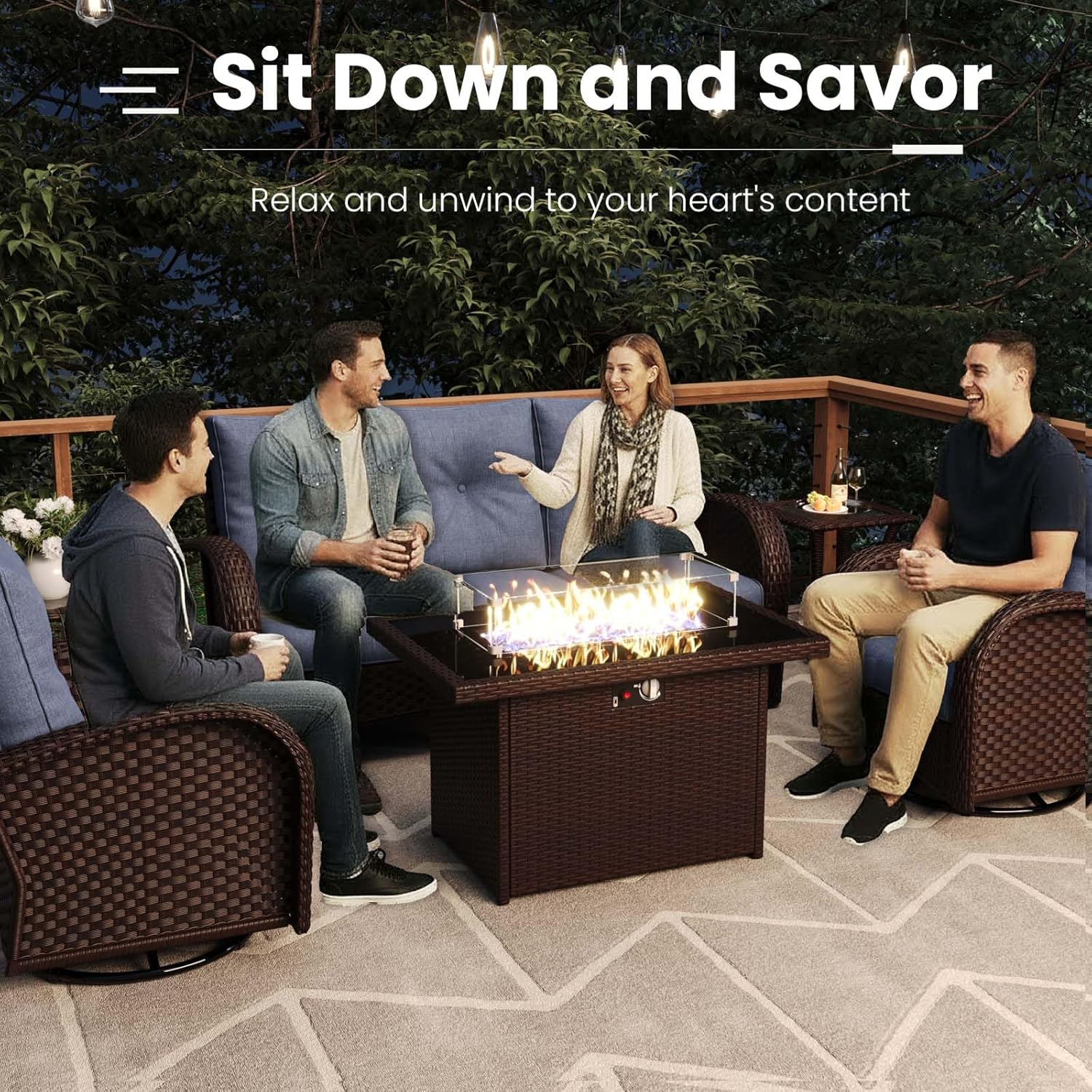 10 Pieces Patio Furniture Sets with Fire Pit Table, Wicker Rattan High Back Outdoor Swivel Rocking Chairs Set with 3-Seat Couch, Ottomans and Side Table