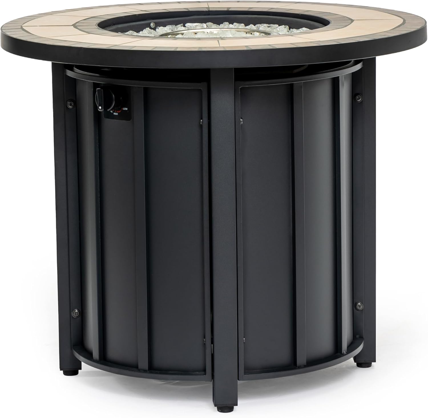 30 Inches Round Propane Fire Pit Table, 50,000 Btu Steel Outdoor Firepit with Mosaic Ceramic Tabletop for Patio, Deck, Backyard – Black Brown (Black + Brown) (1 Doors)