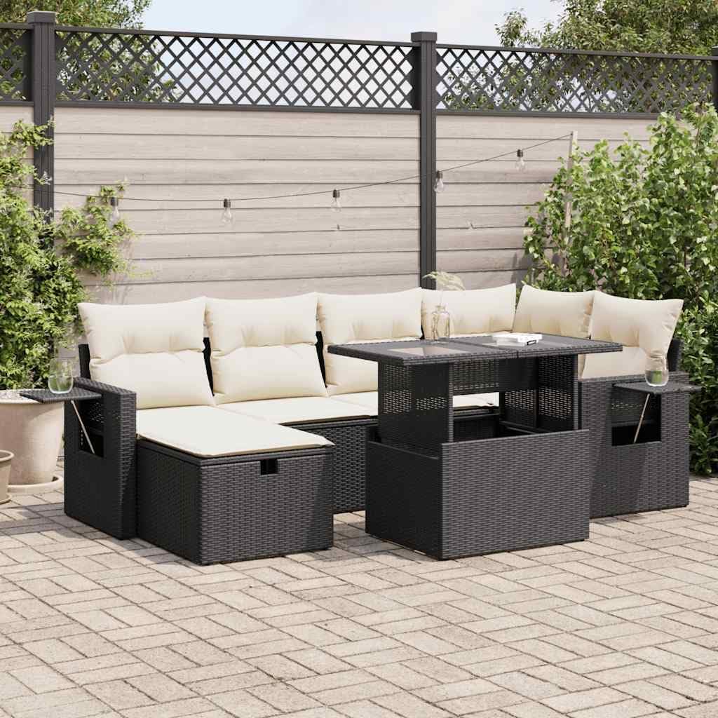 Modern 7-Piece Garden Sofa Set in Black and Cream White, Poly Rattan Outdoor Furniture with Weather-Resistant Cushions, Foldable Corner Seats and Storage for Patio, Terrace,